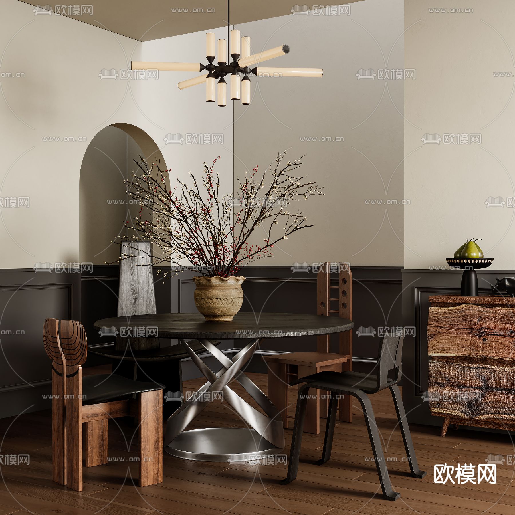 中古风餐桌椅su模型下载（渲染图1）