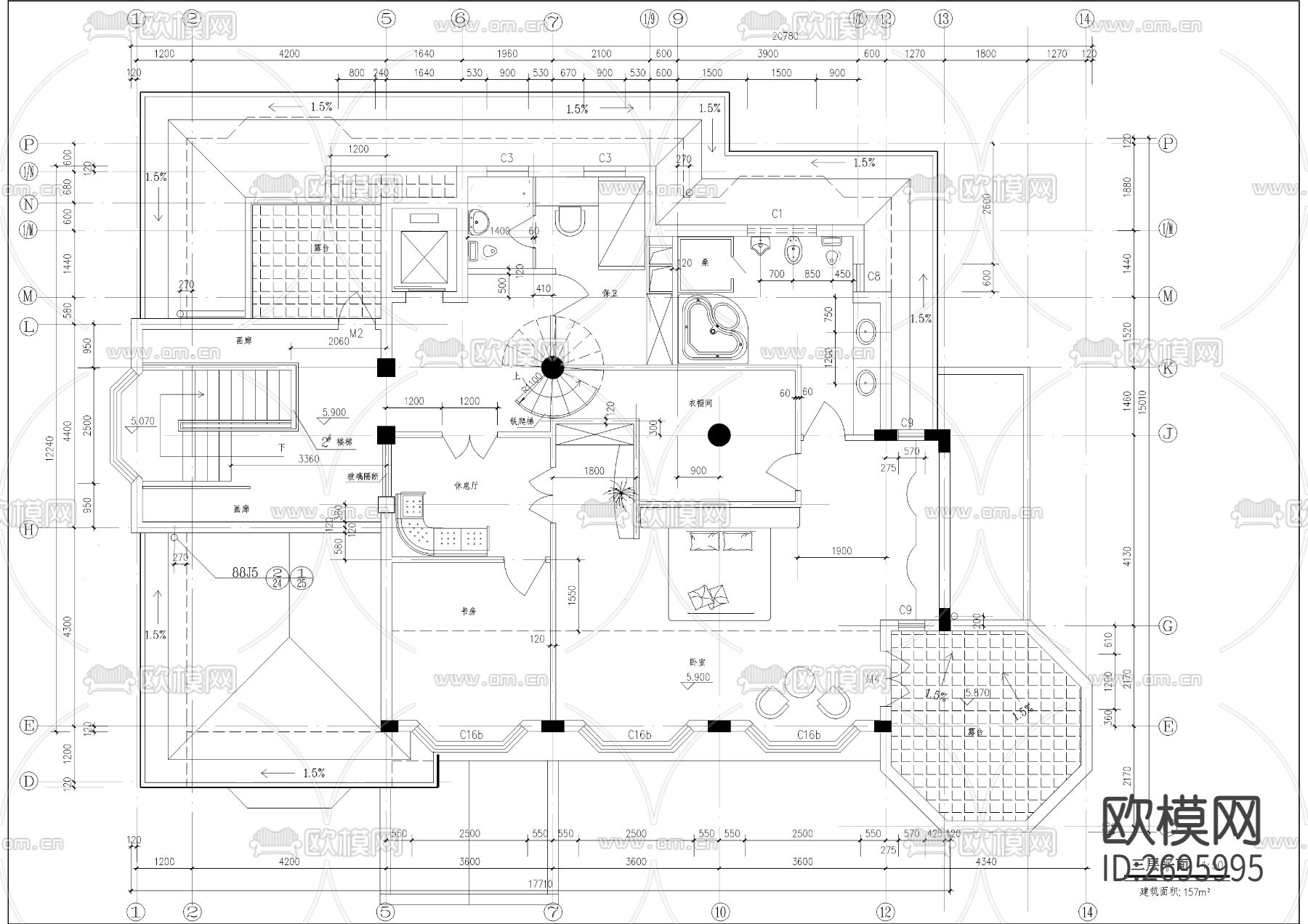 一千二百平带游泳池别墅cad施工图下载（渲染图9）