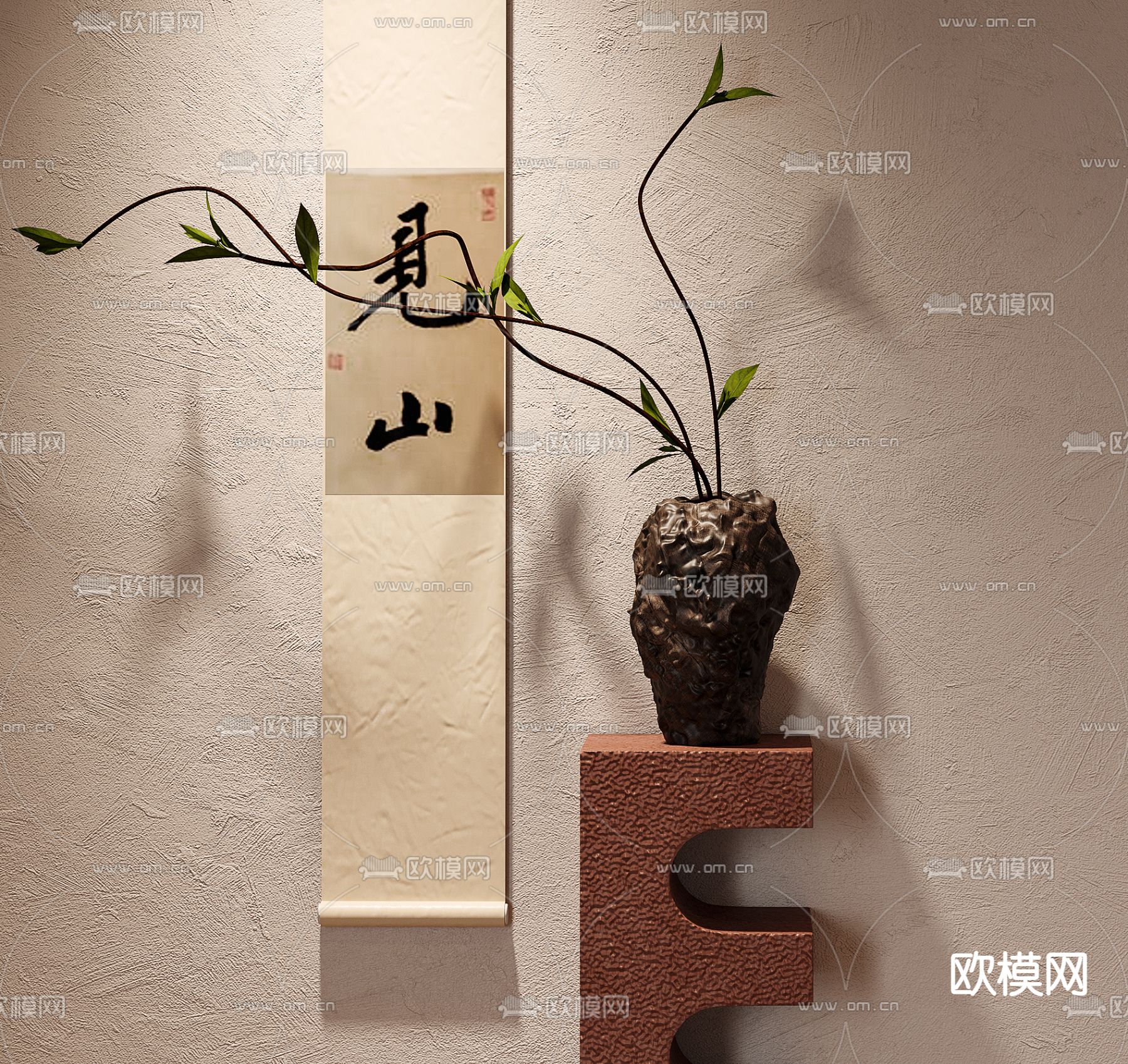 禅意陶罐 花瓶 花艺3d模型下载