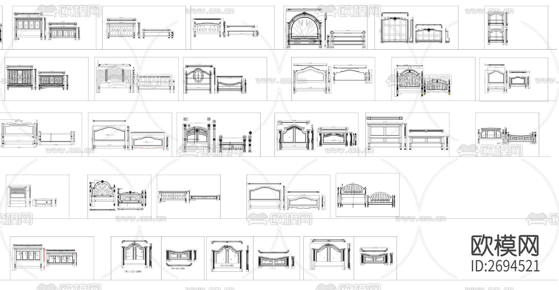 欧式美式床cad图库下载（渲染图3）