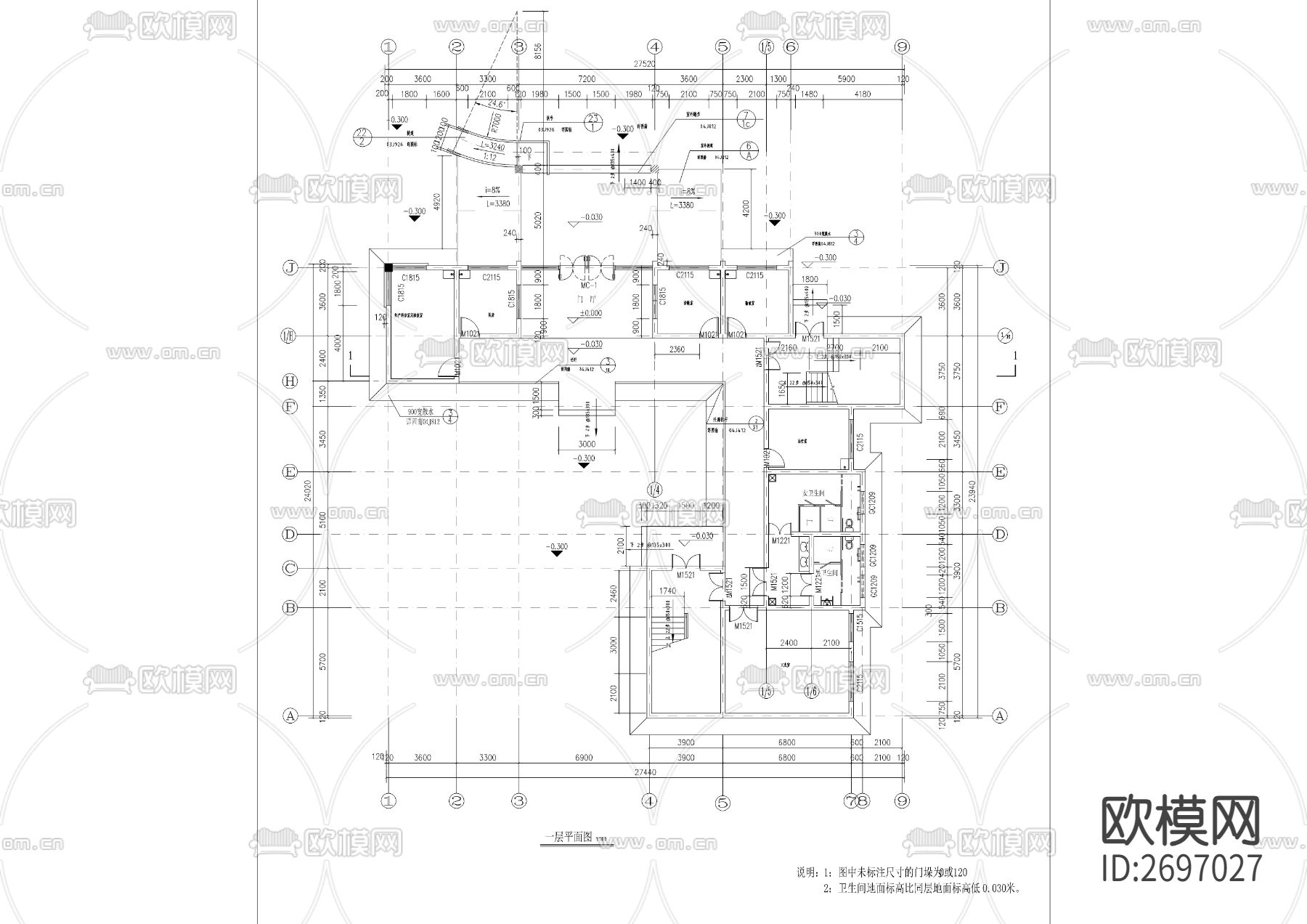 卫生院建筑cad施工图下载（渲染图2）