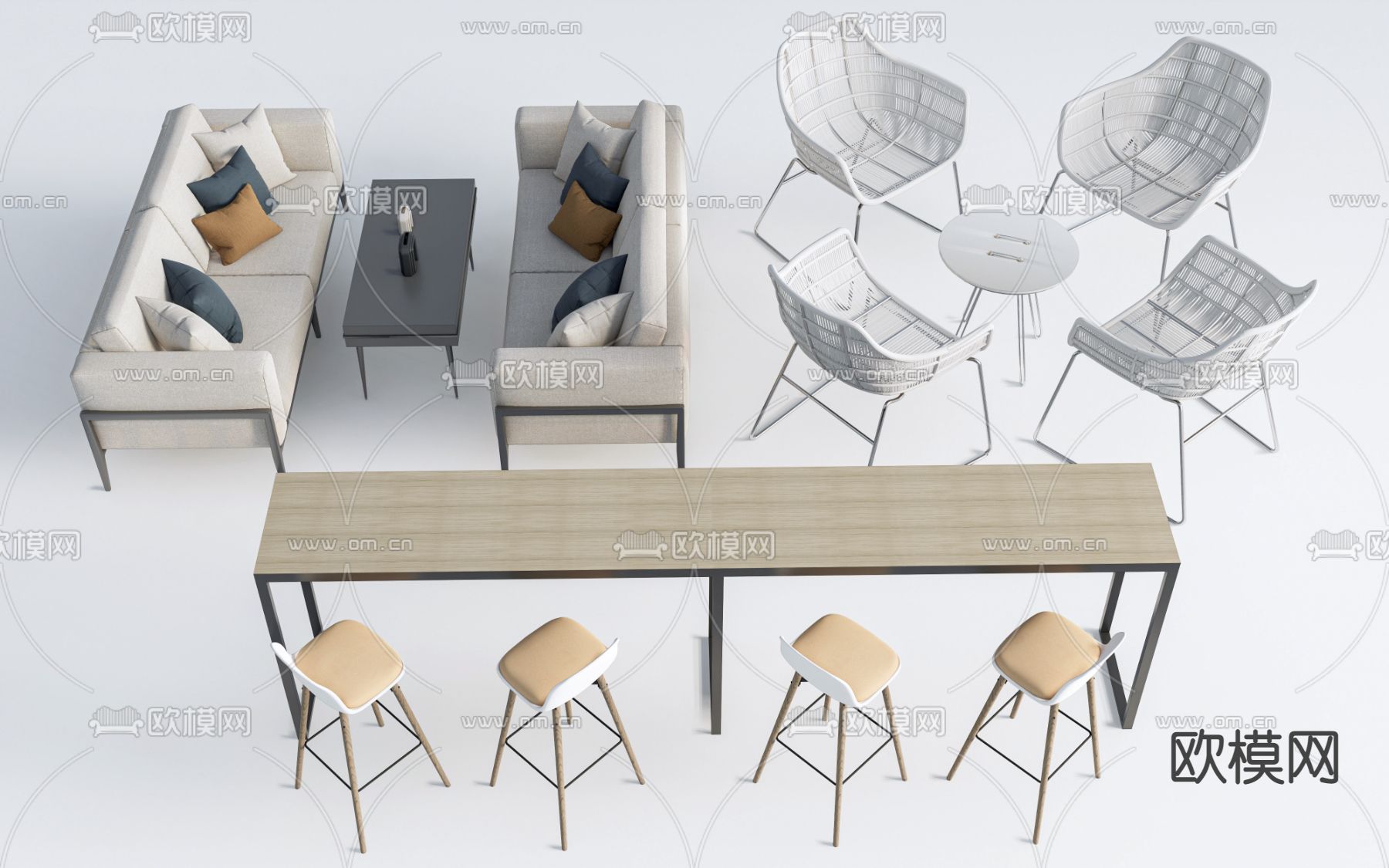 现代办公沙发 吧台桌椅su模型下载（渲染图1）
