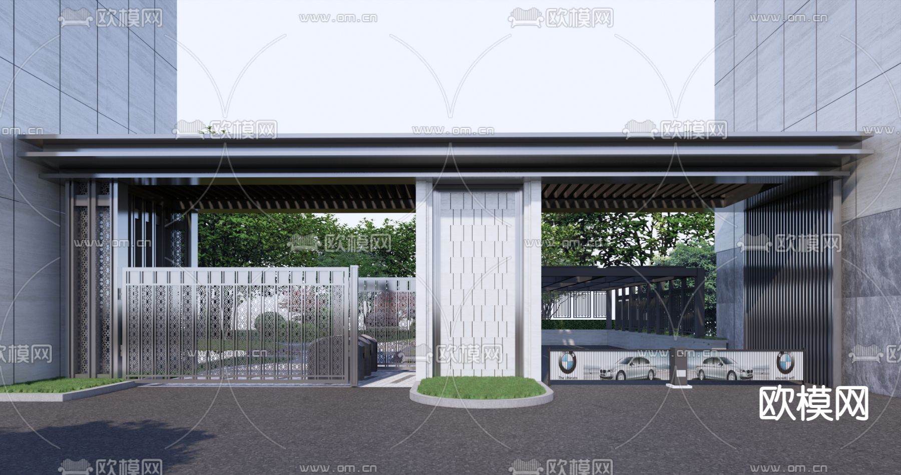 现代住宅小区大门su模型下载（渲染图2）