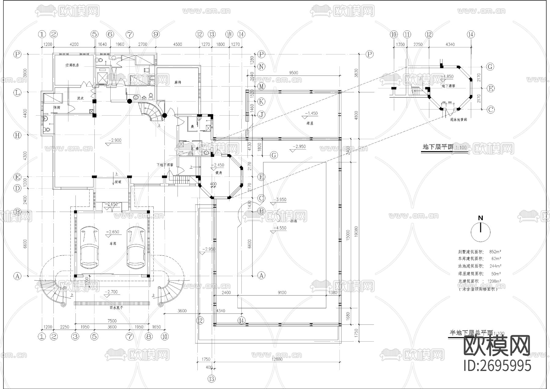 一千二百平带游泳池别墅cad施工图下载（渲染图2）