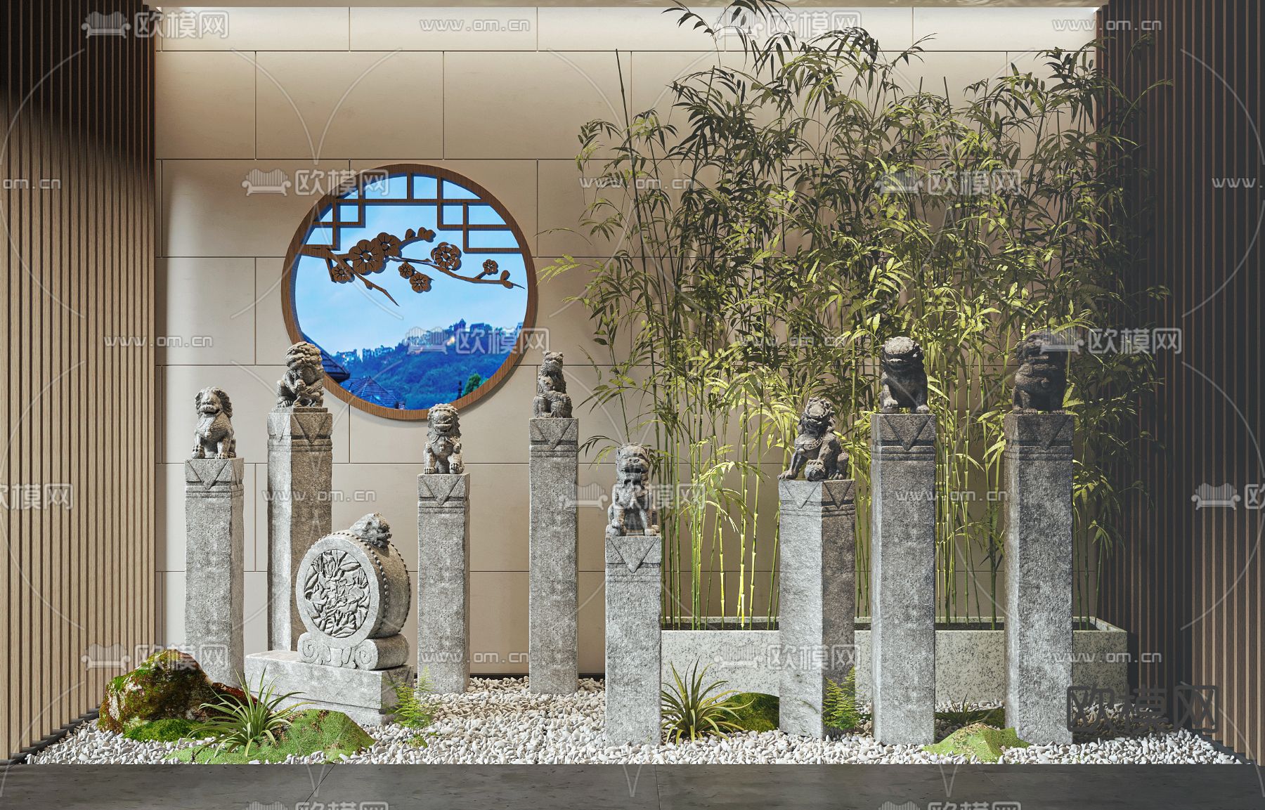 新中式拴马桩su模型下载（渲染图1）