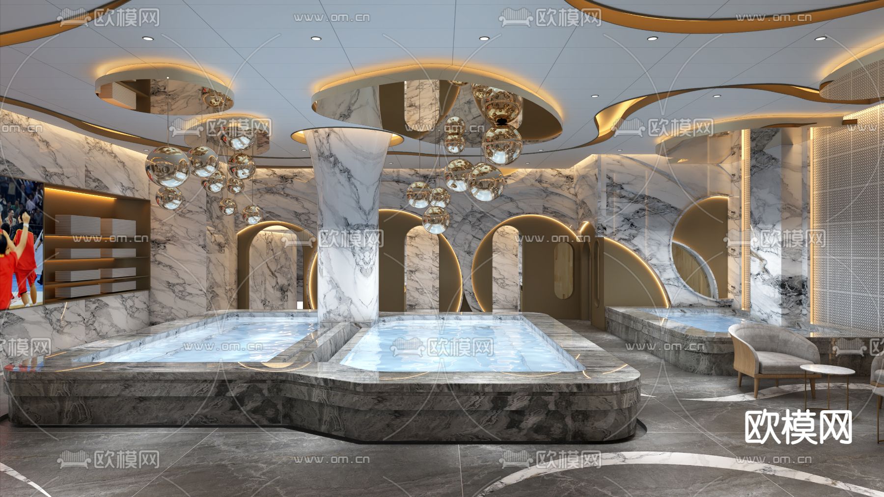 洗浴男浴区su模型下载（渲染图2）