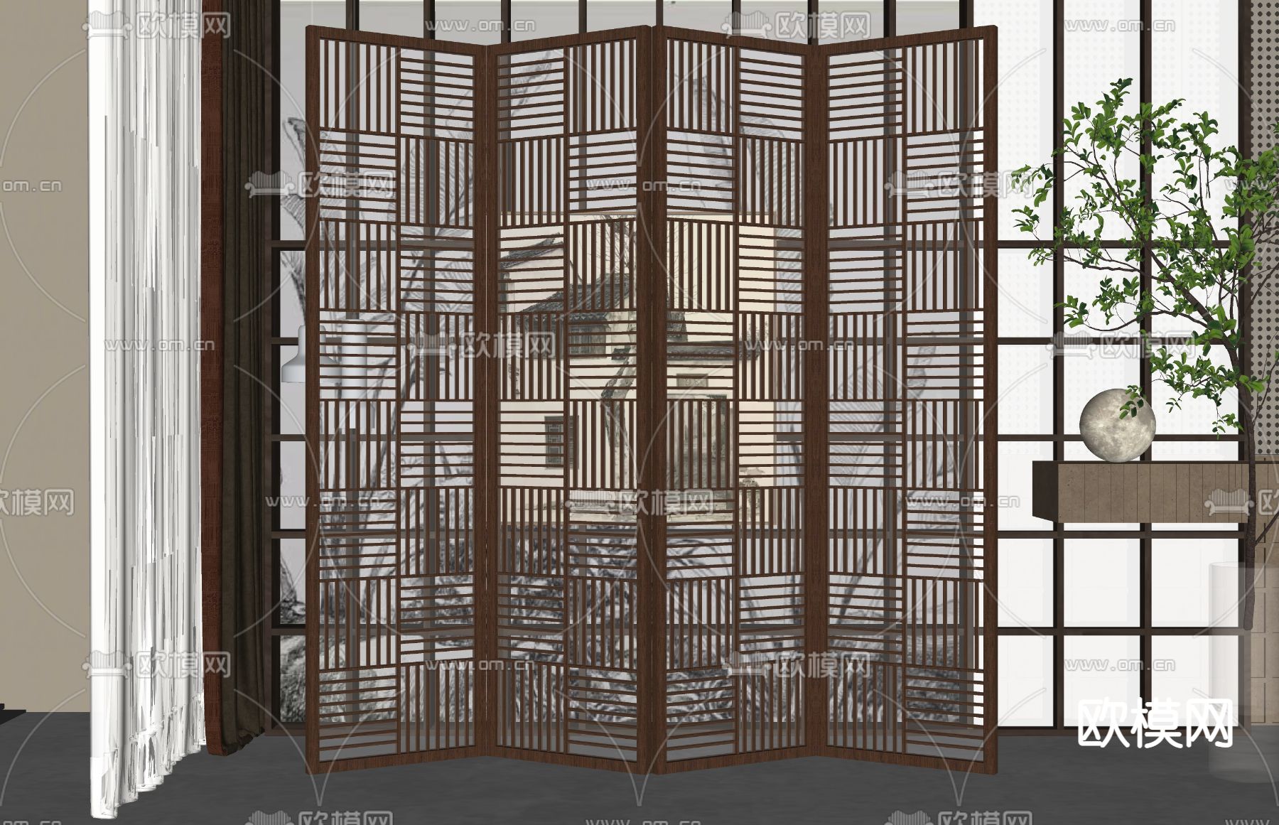 新中式屏风 隔断su模型下载（渲染图2）