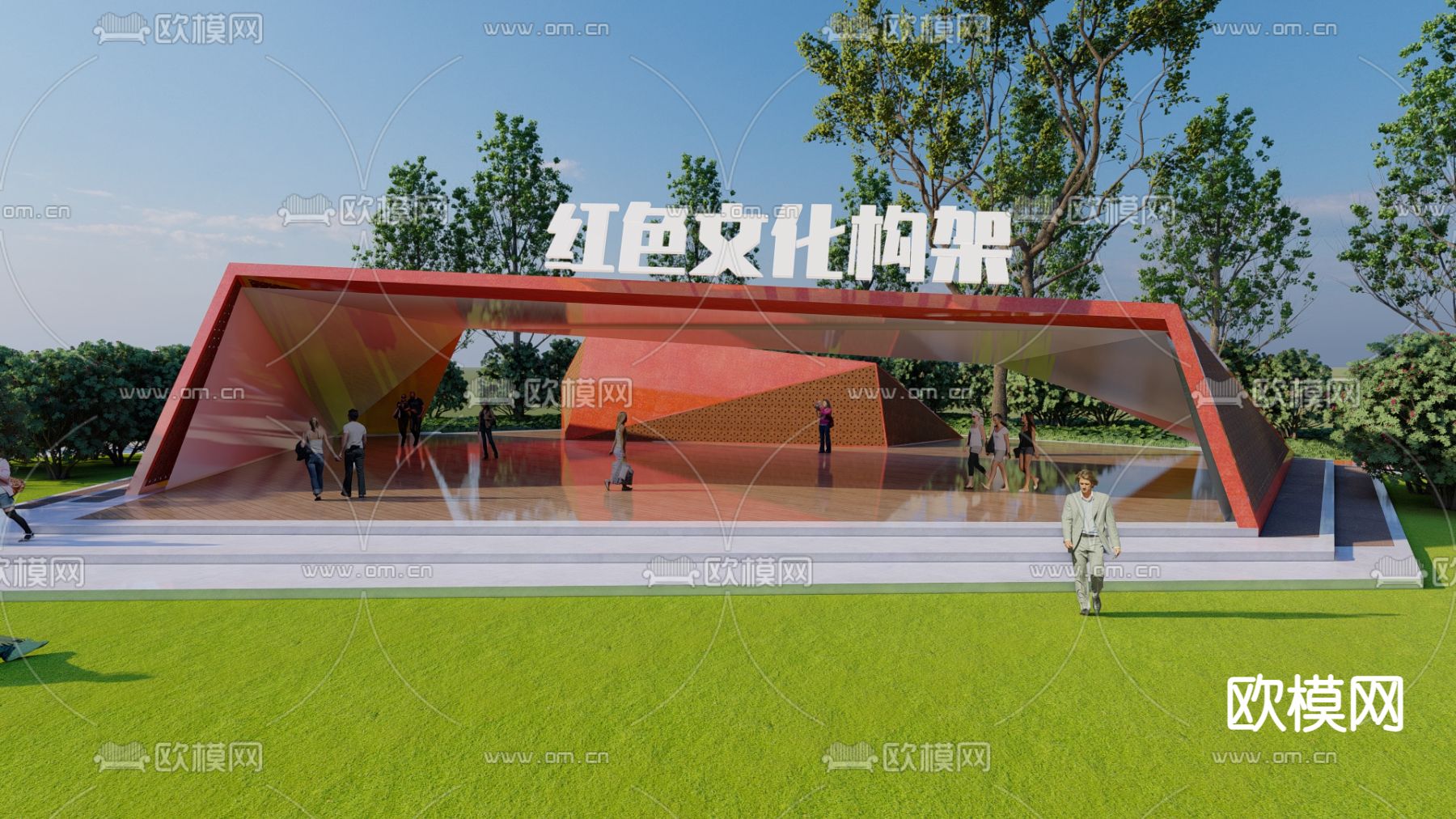 红色文化廊架su模型