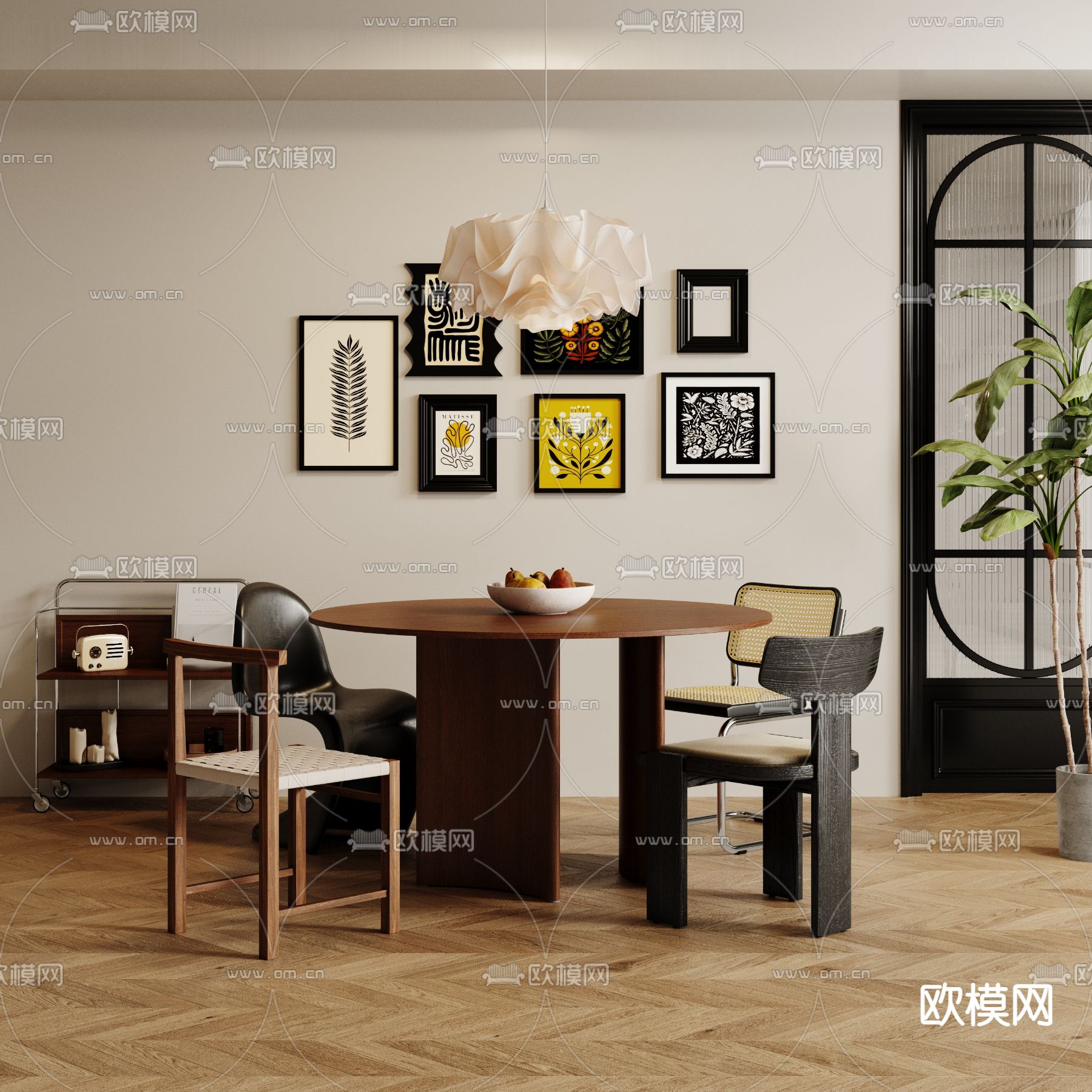 中古风餐桌椅su模型下载（渲染图1）