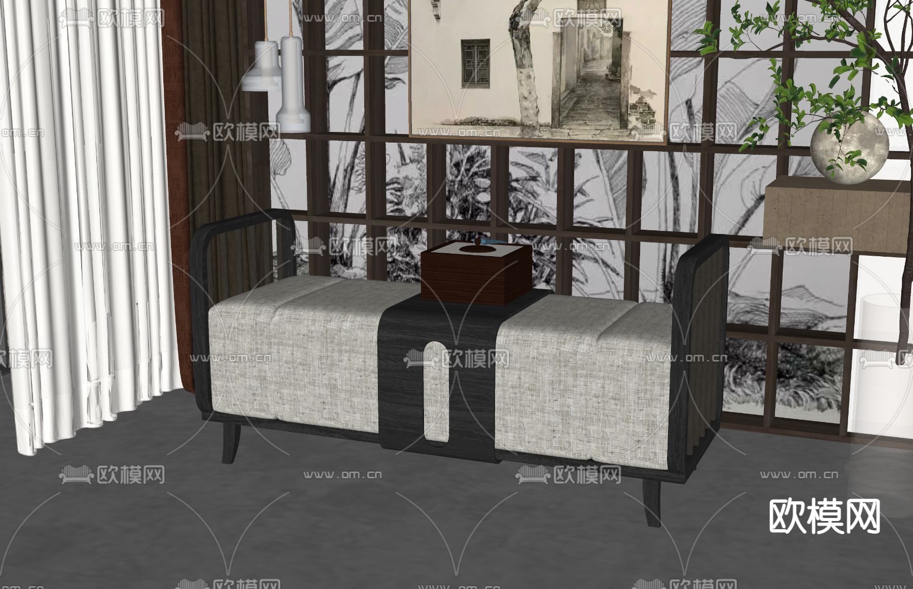新中式床尾凳su模型下载（渲染图2）