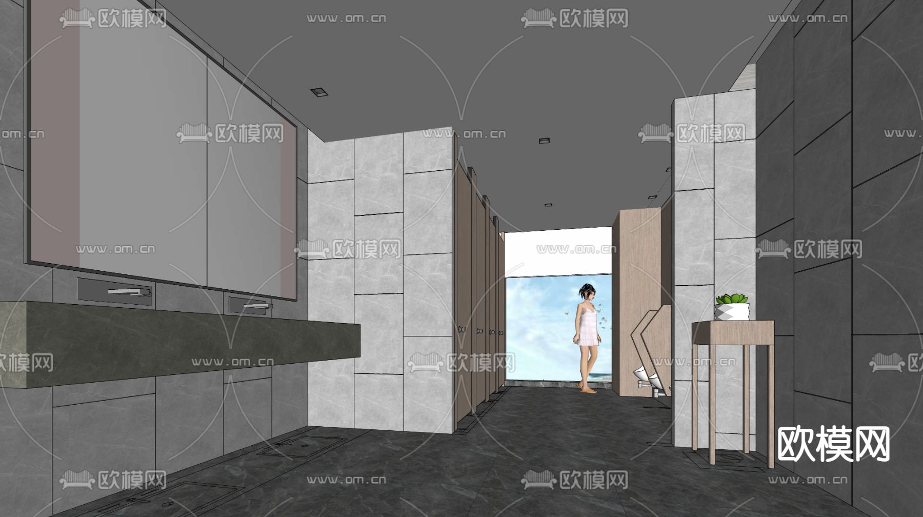 现代公共卫生间su模型下载（渲染图2）