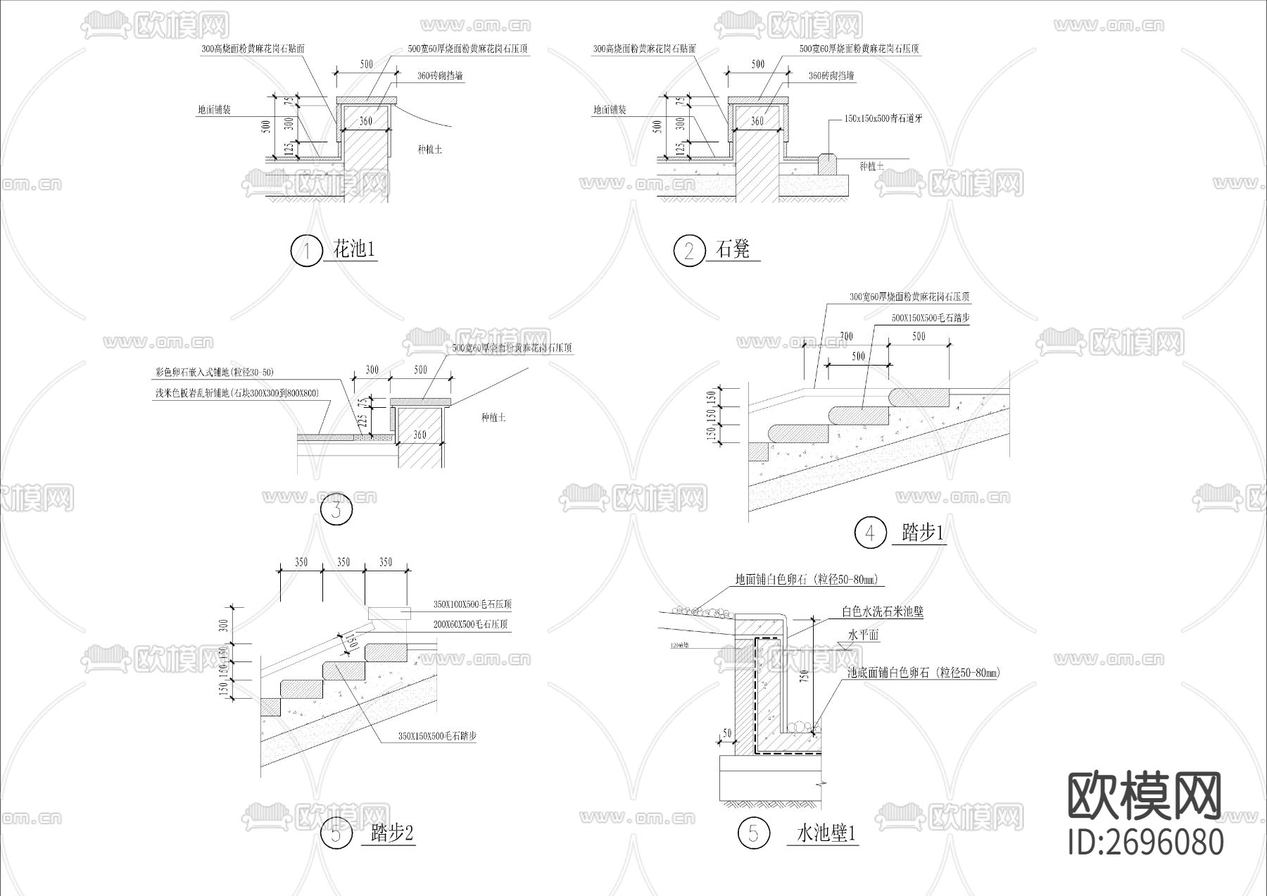 花池石凳踏步水池壁cad大样图下载（渲染图3）