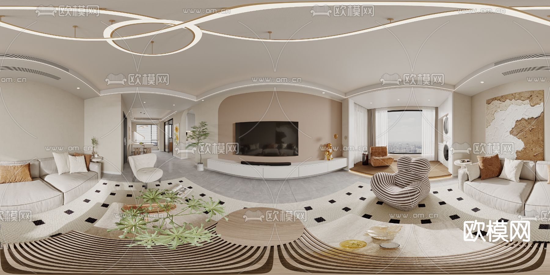 奶油风客餐厅cr全景3d模型
