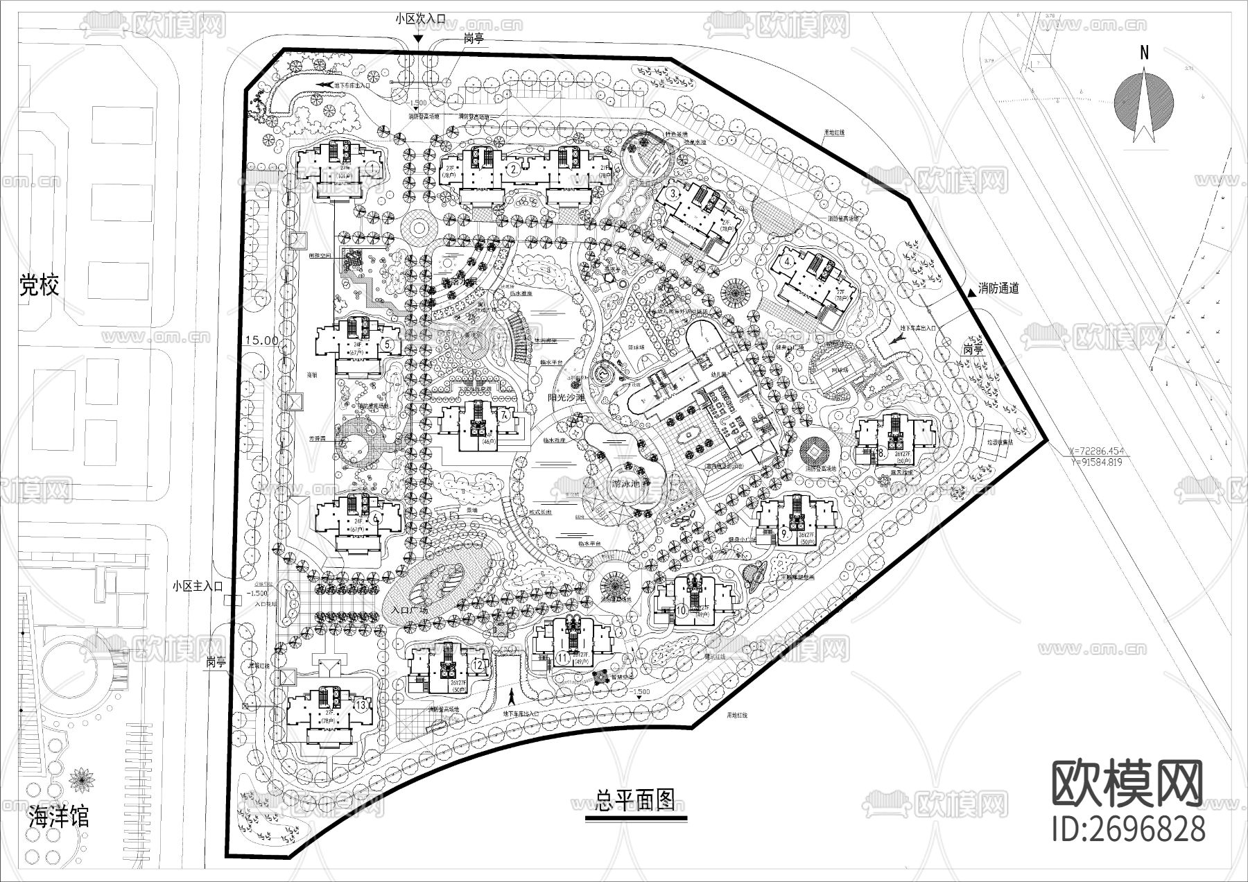 高层小区景观规划cad施工图下载（渲染图1）