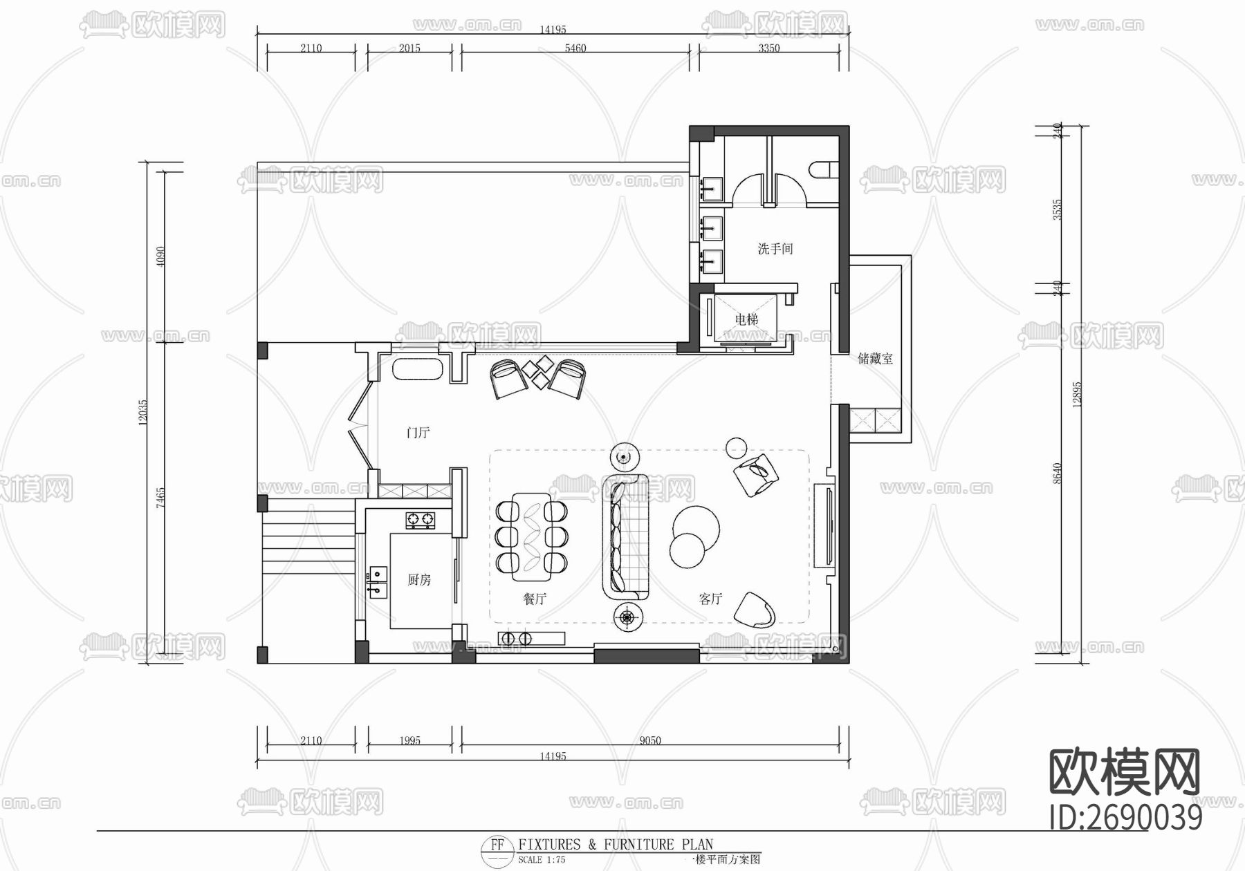 三层别墅室内cad施工图下载（渲染图3）