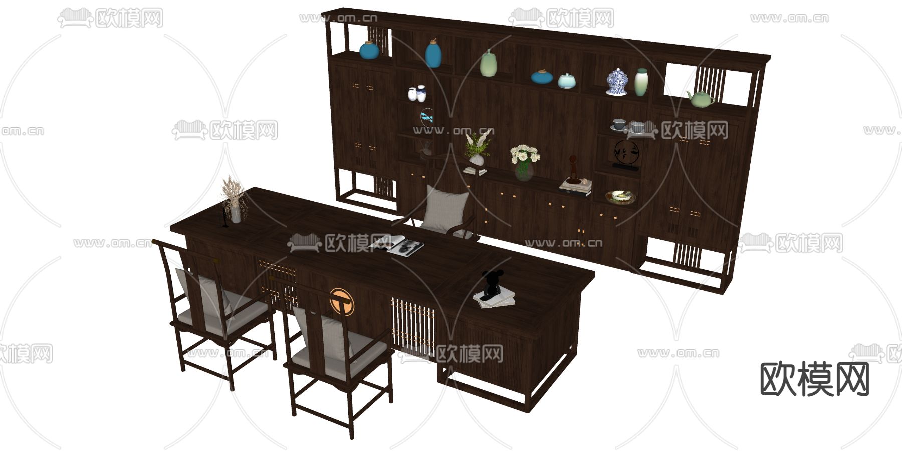新中式大班台办公桌椅su模型下载（渲染图3）
