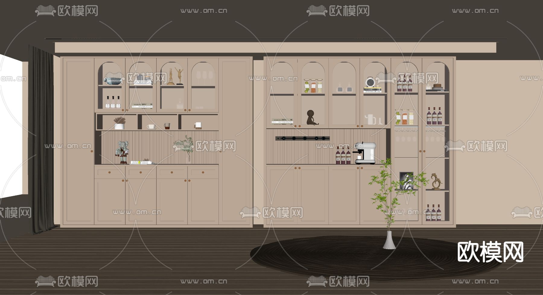 奶油风酒柜su模型下载（渲染图2）