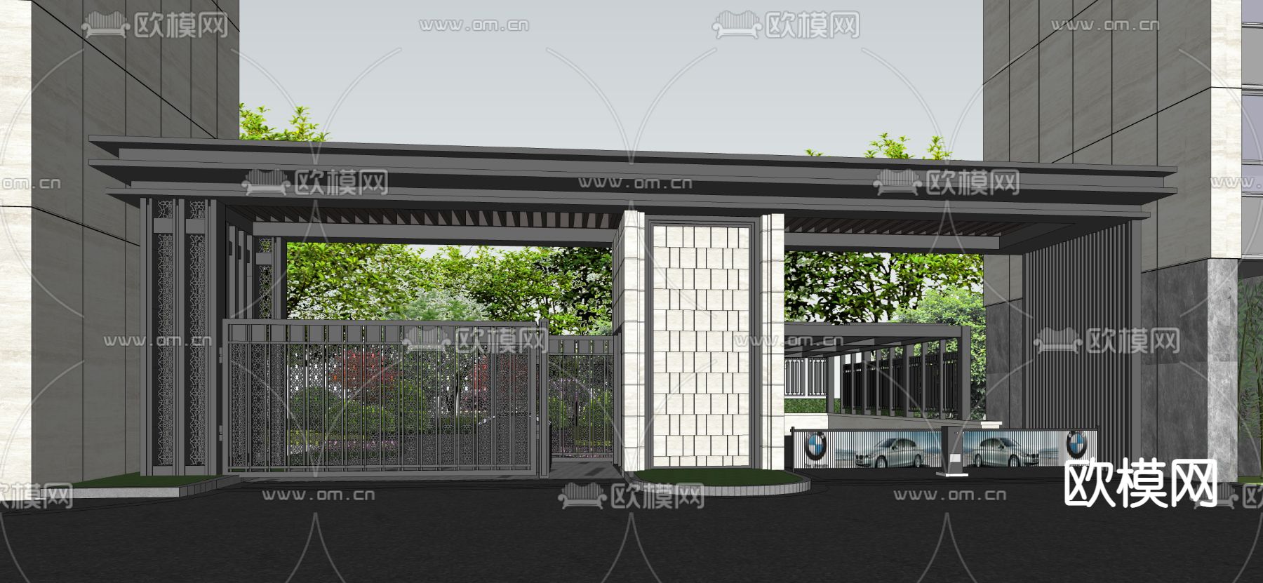 现代住宅小区大门su模型下载（渲染图3）