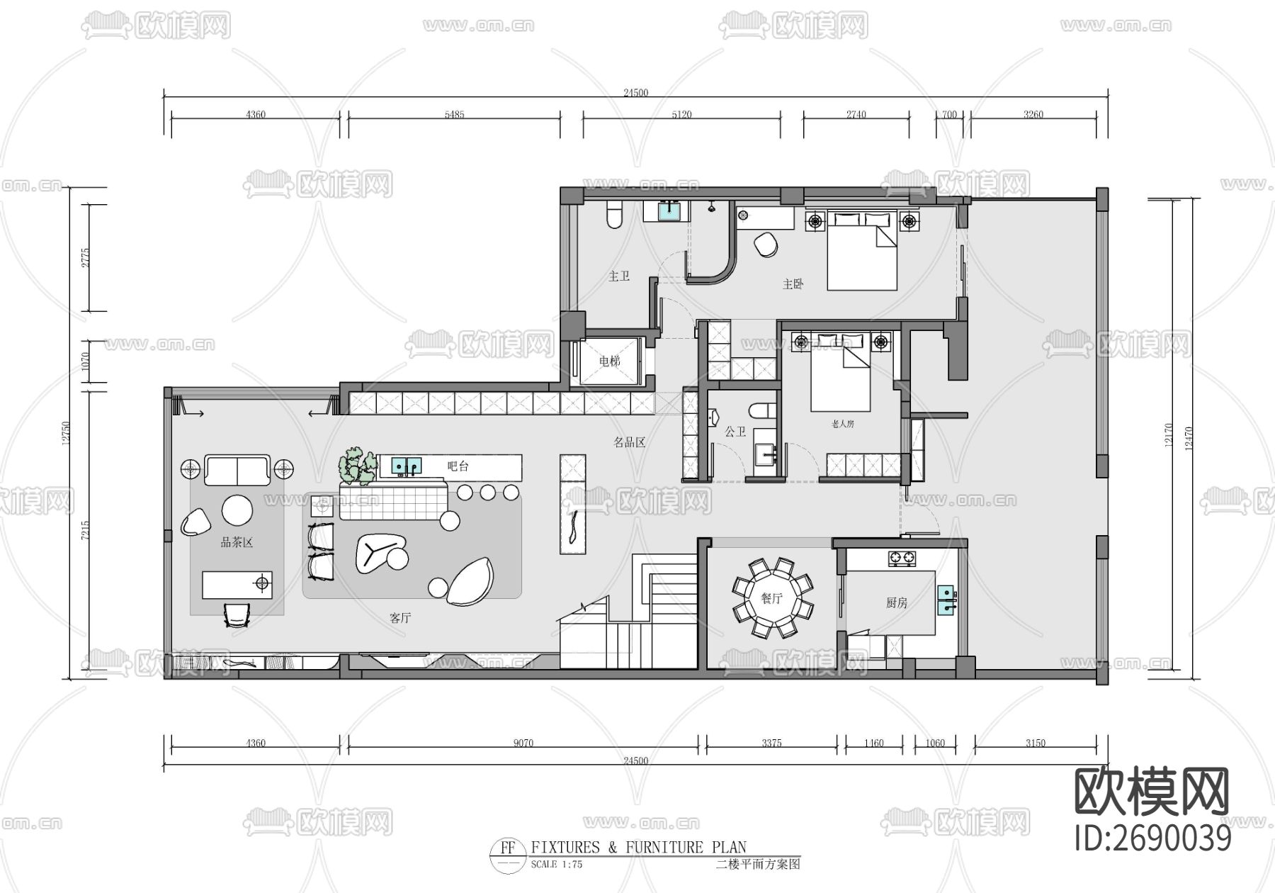 三层别墅室内cad施工图下载（渲染图2）