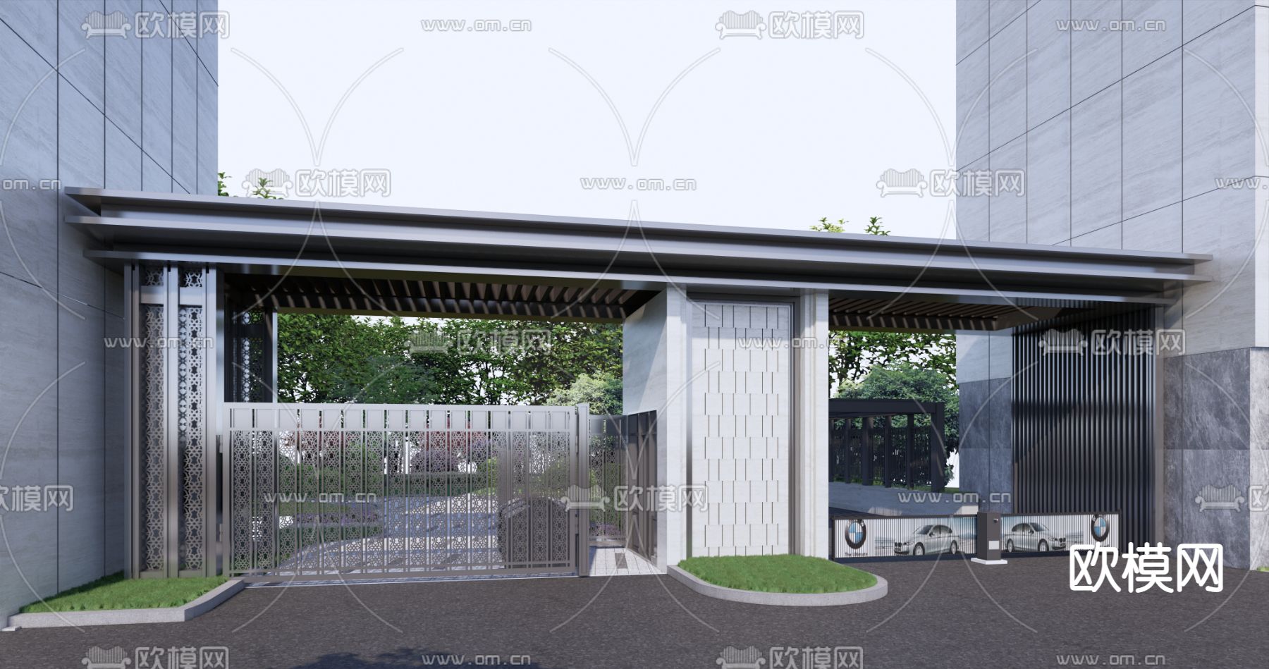 现代住宅小区大门su模型下载（渲染图1）