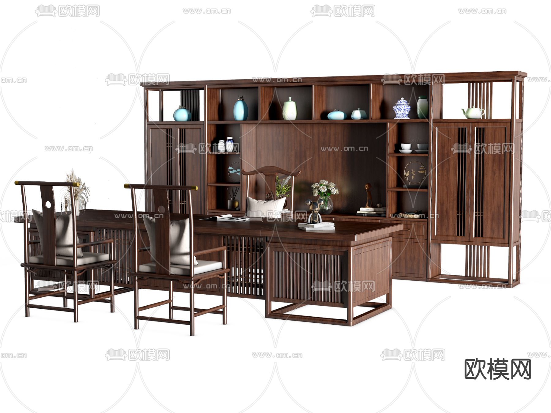 新中式大班台办公桌椅su模型下载（渲染图1）