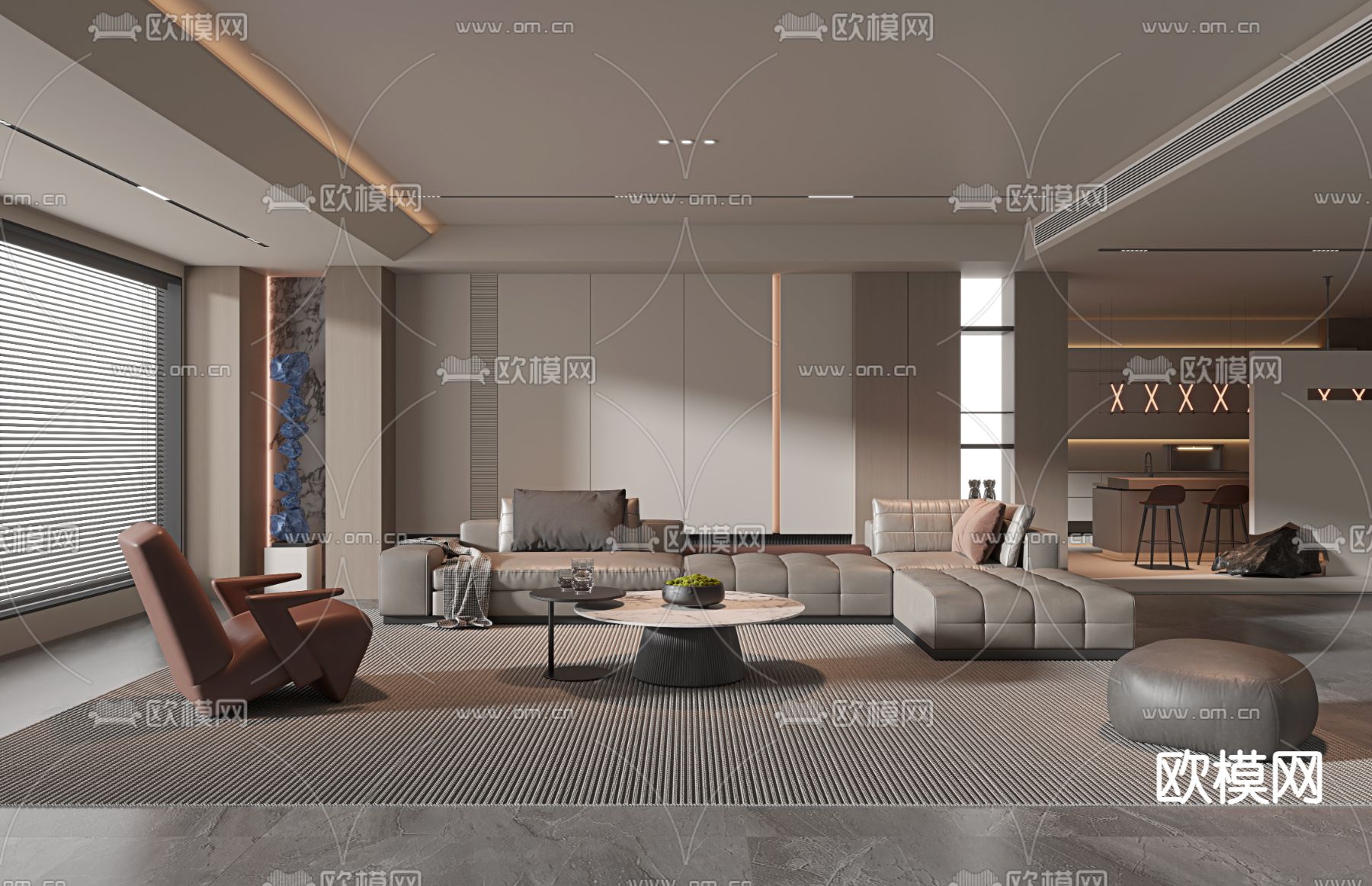 高级灰客厅3d模型下载