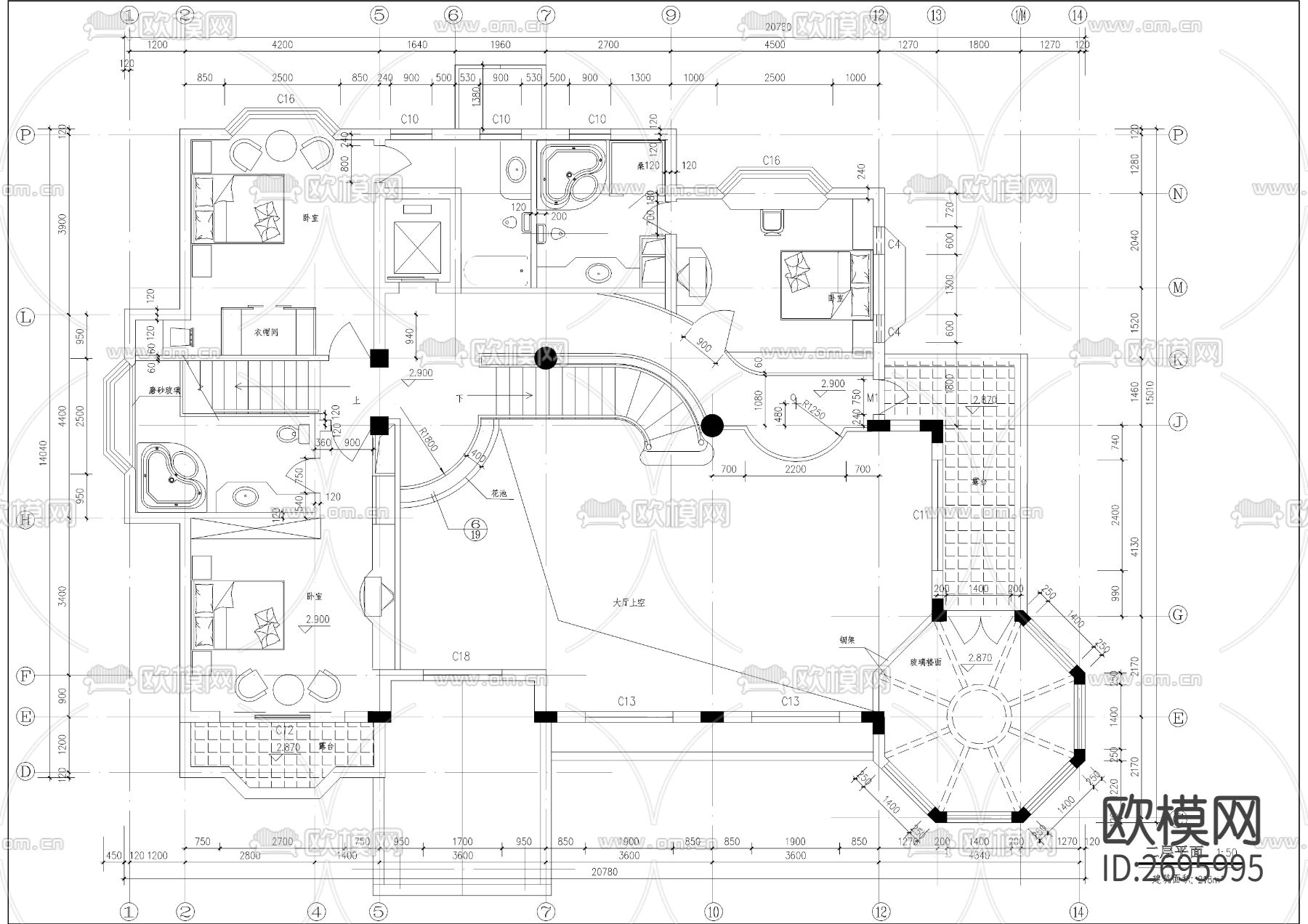 一千二百平带游泳池别墅cad施工图下载（渲染图4）