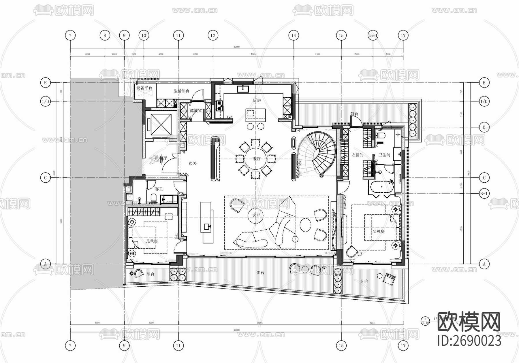 跃层家装样板房豪宅cad平面图下载（渲染图5）