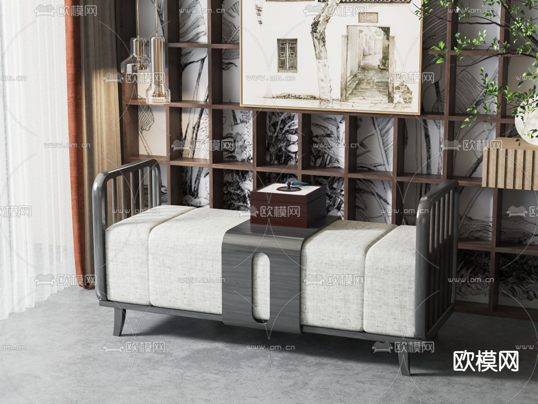 新中式床尾凳su模型下载（渲染图1）