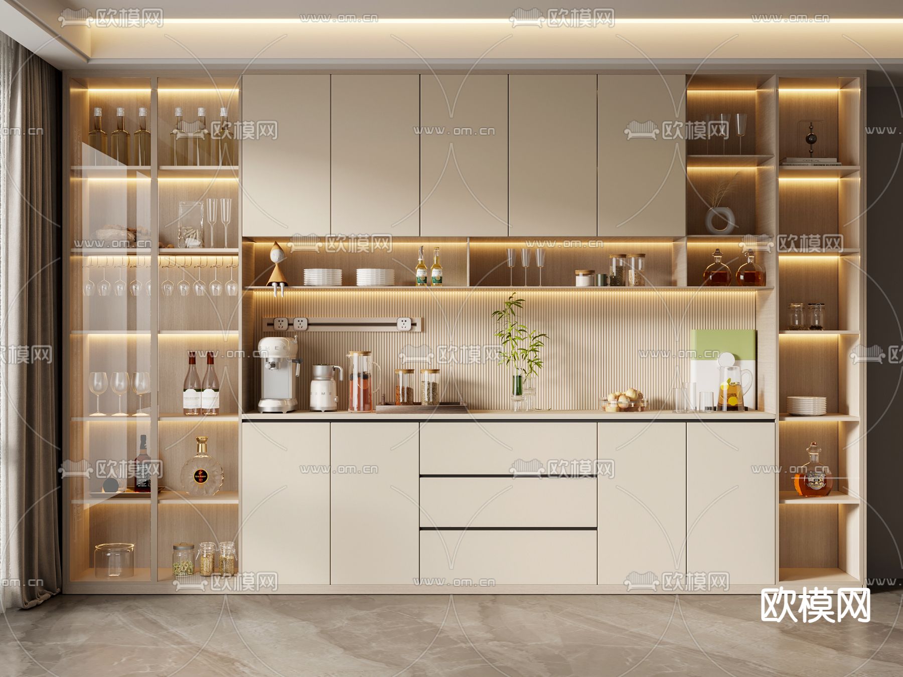 奶油风酒柜3d模型下载