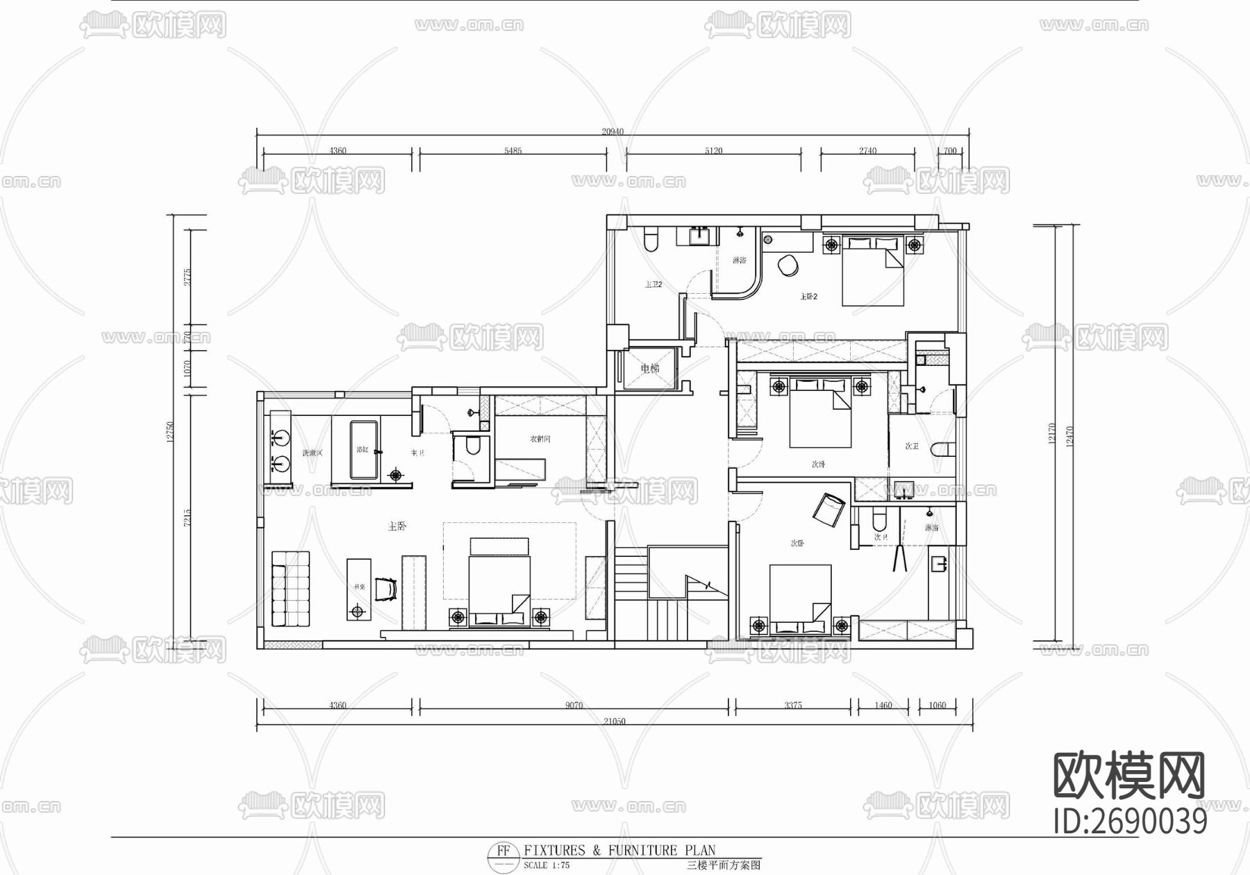 三层别墅室内cad施工图下载（渲染图1）