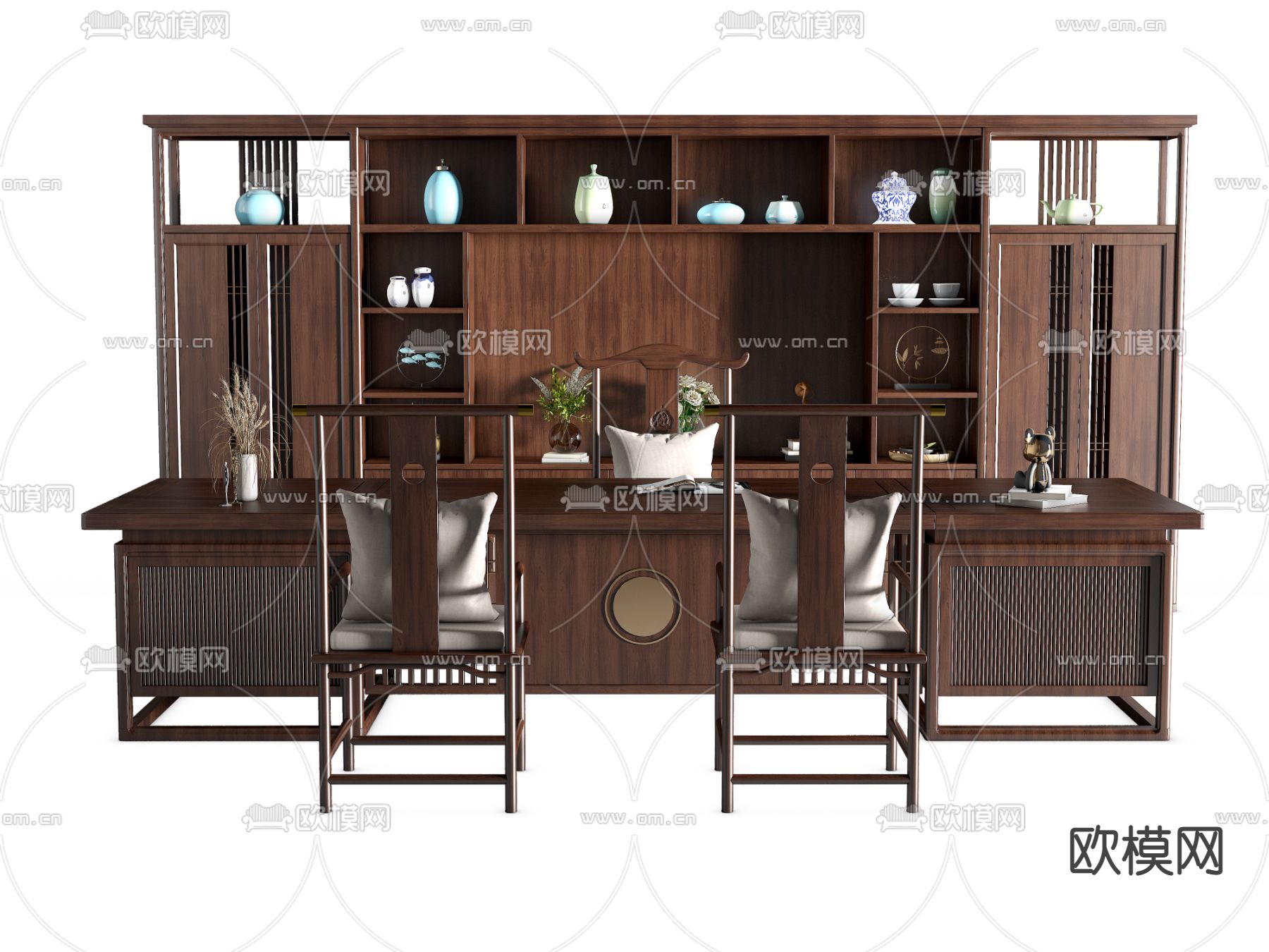 新中式大班台办公桌椅su模型下载（渲染图2）