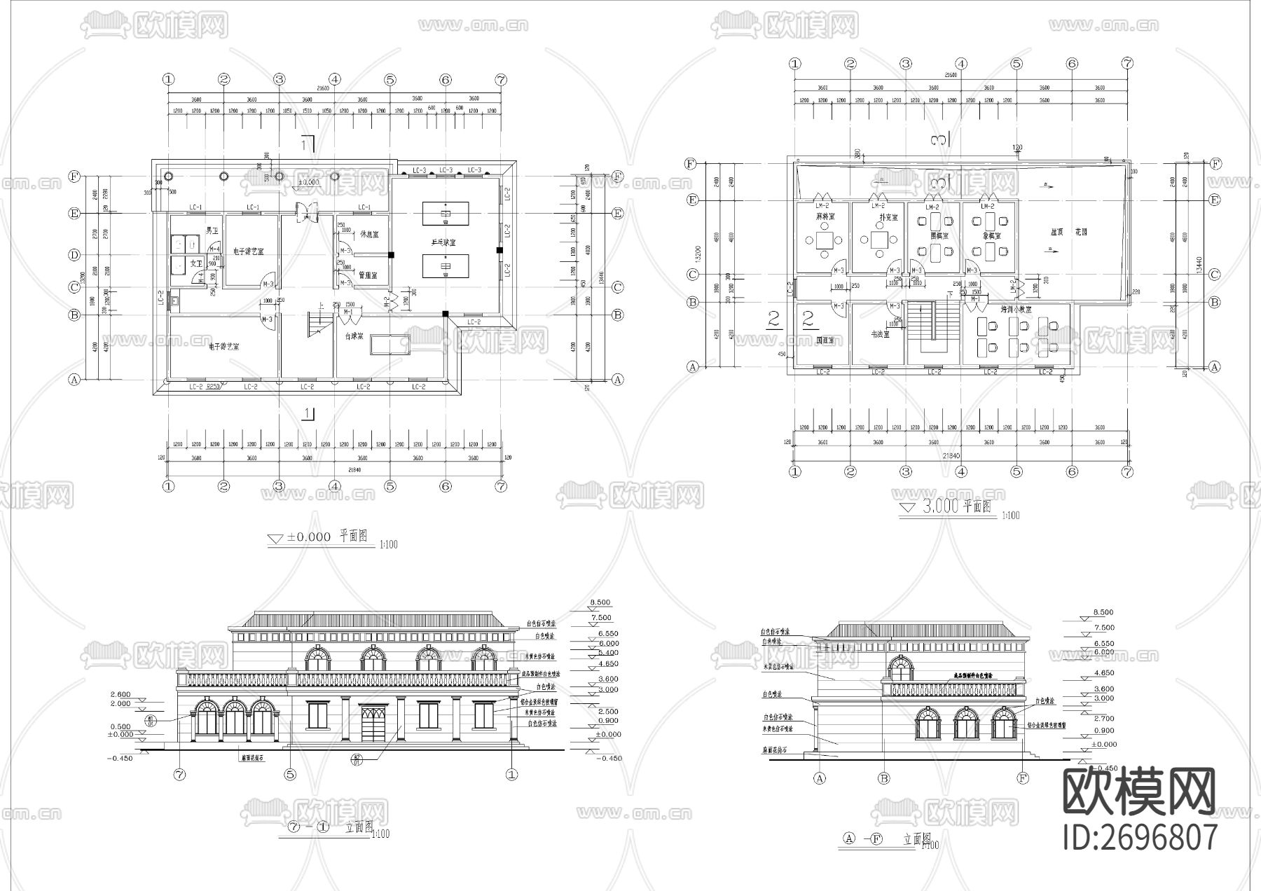 村活动中心全套建筑cad施工图下载（渲染图2）