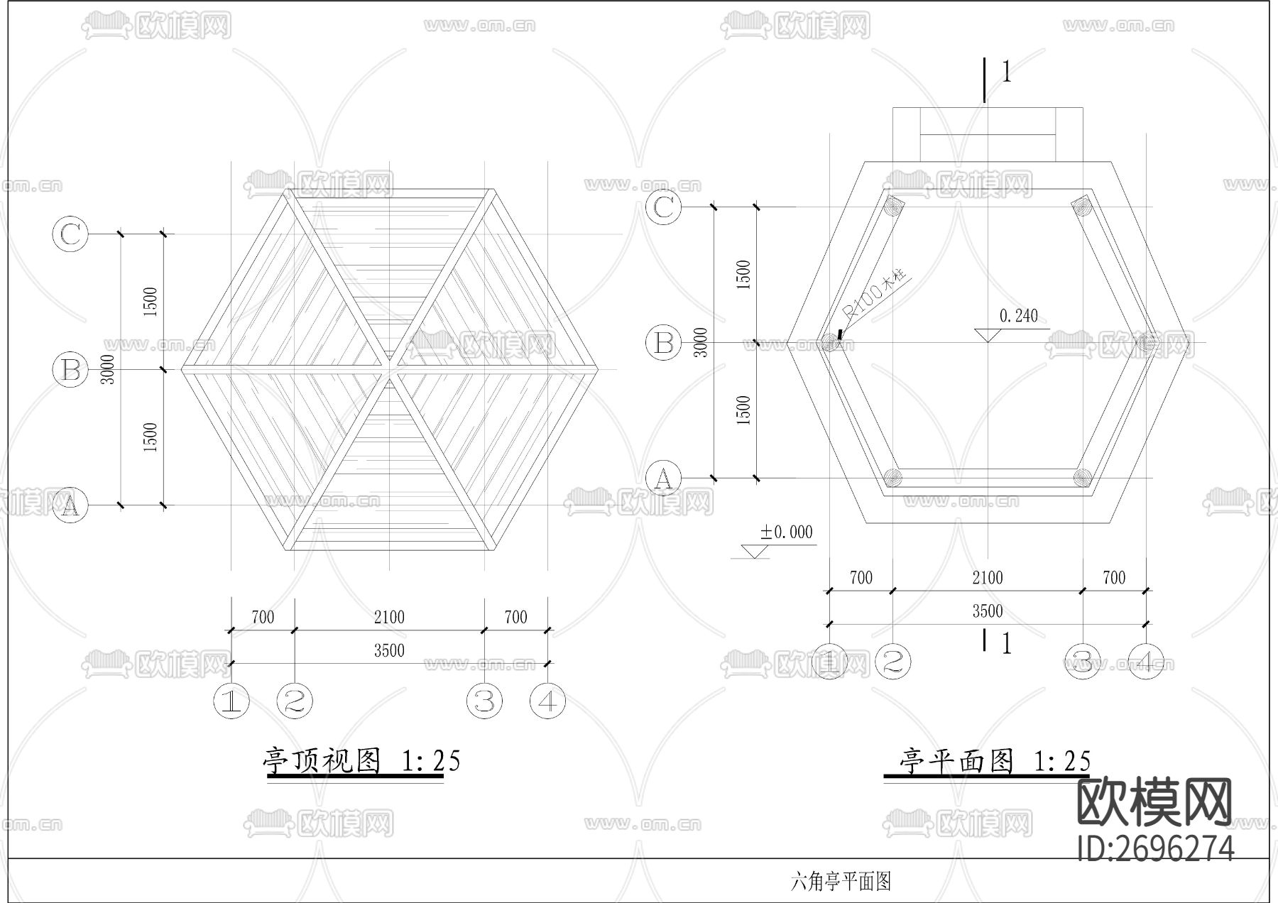 六角亭施工cad大样图下载（渲染图1）