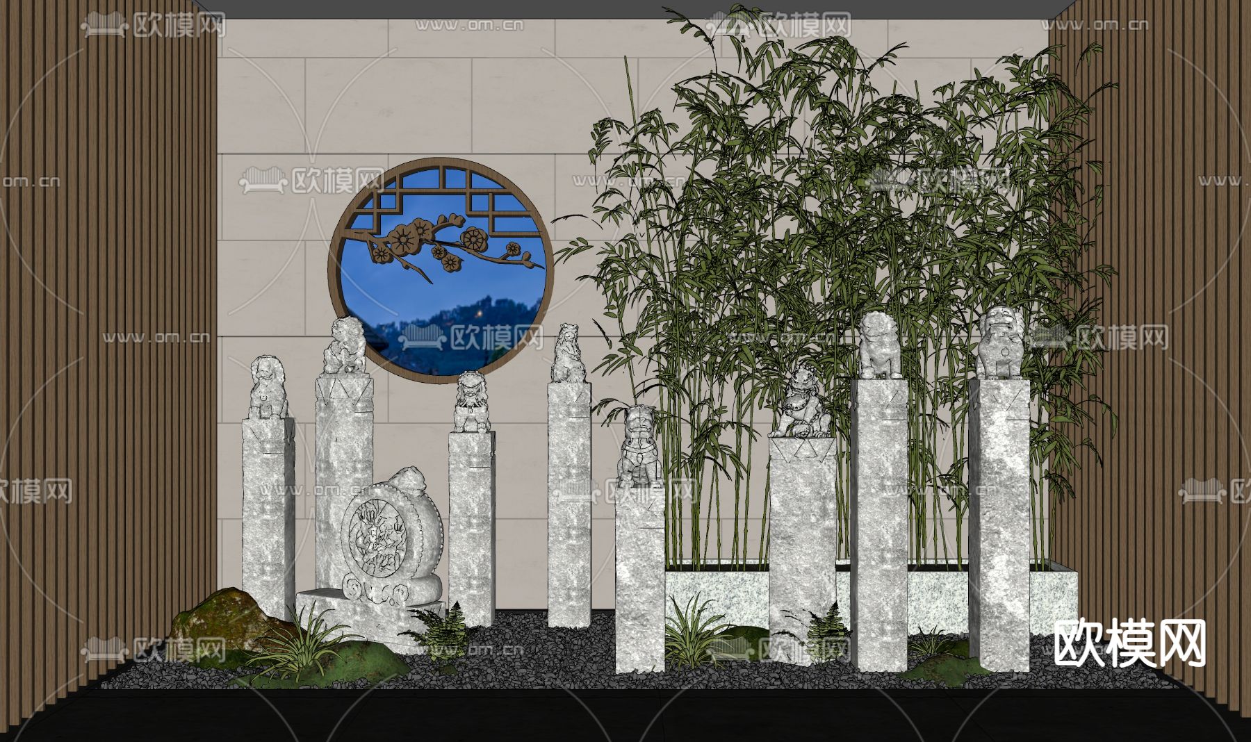 新中式拴马桩su模型下载（渲染图2）