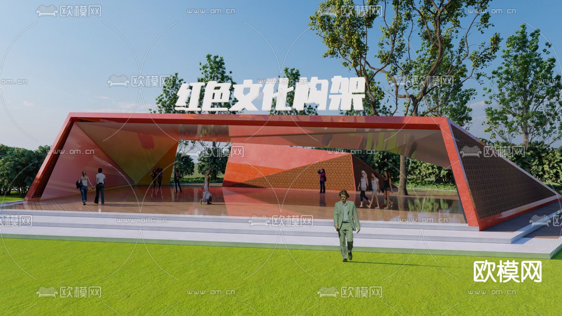 红色文化廊架su模型