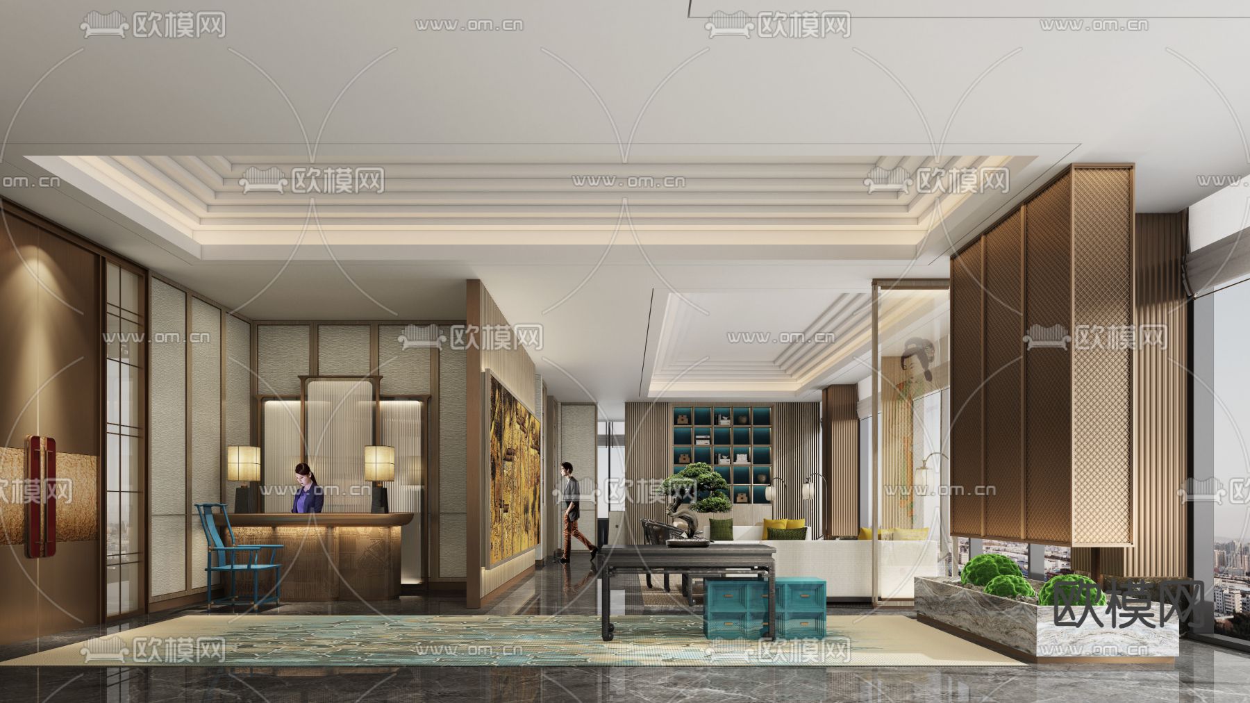 新中式酒店 大堂3d模型下载