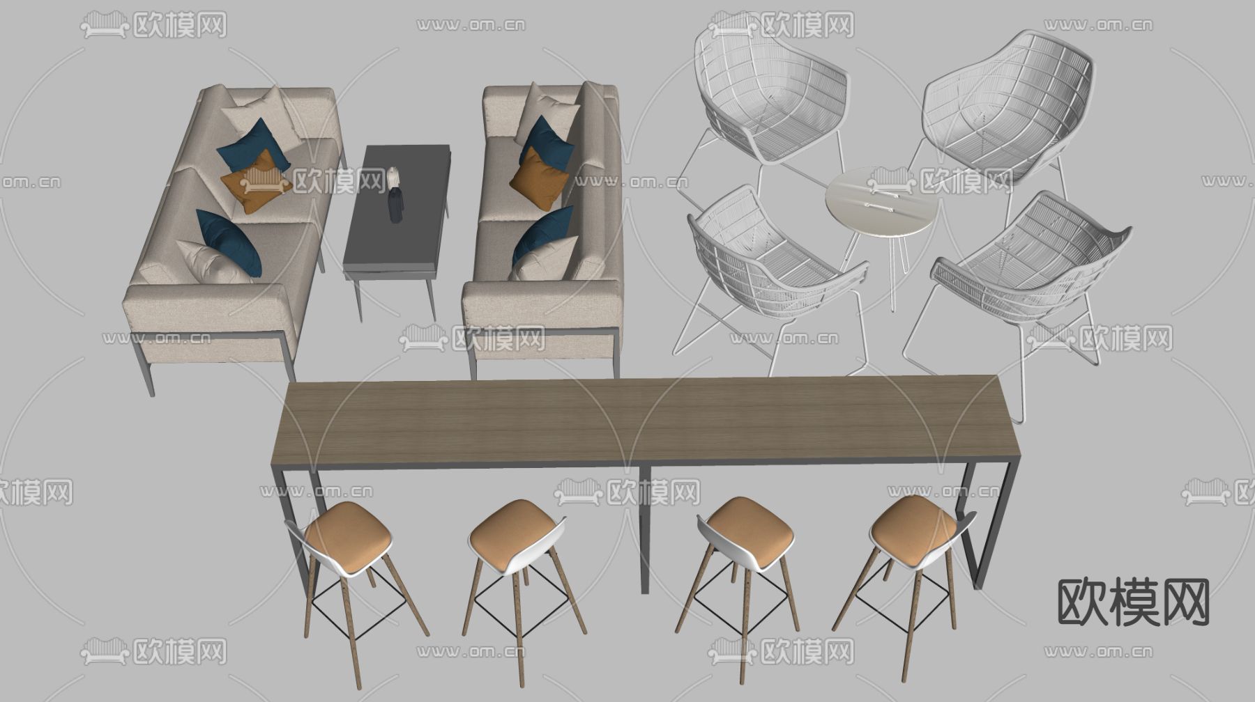 现代办公沙发 吧台桌椅su模型下载（渲染图2）