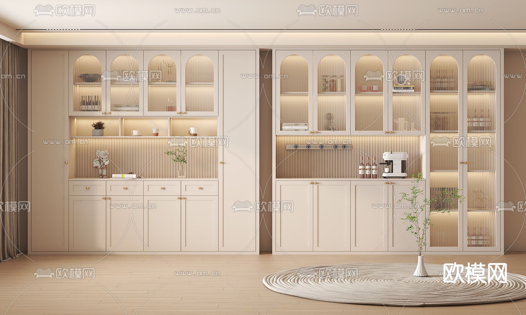 奶油风酒柜su模型下载（渲染图1）