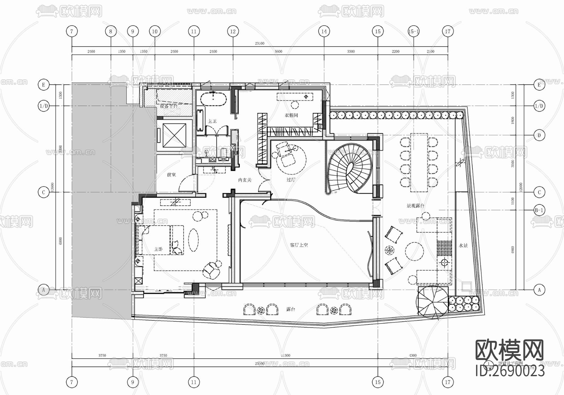 跃层家装样板房豪宅cad平面图下载（渲染图6）