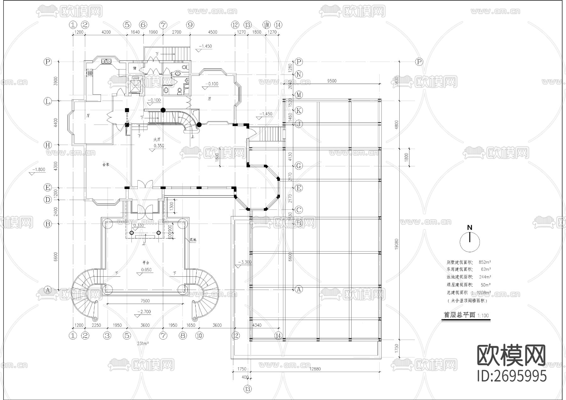 一千二百平带游泳池别墅cad施工图下载（渲染图3）