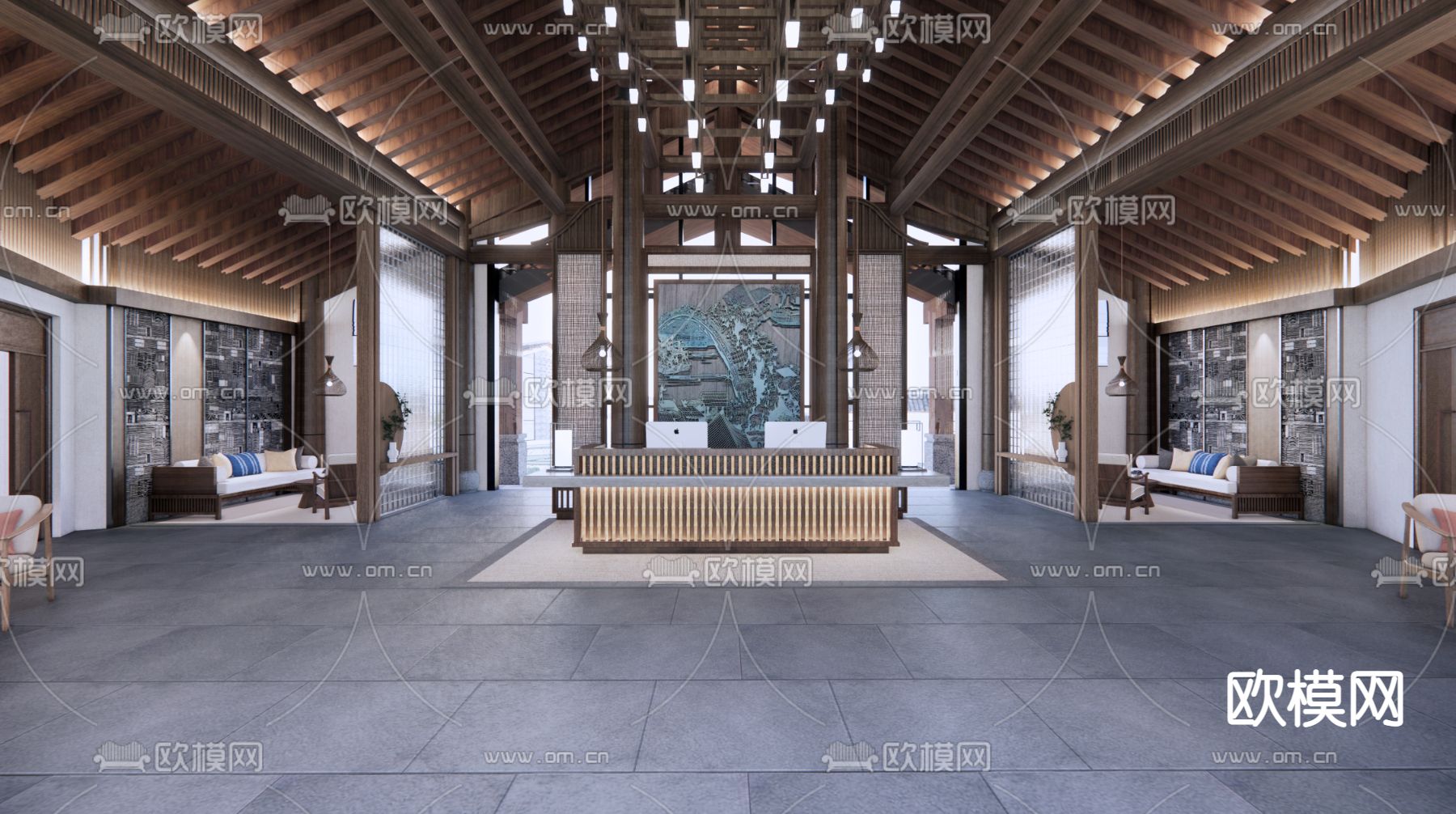 新中式酒店大堂su模型