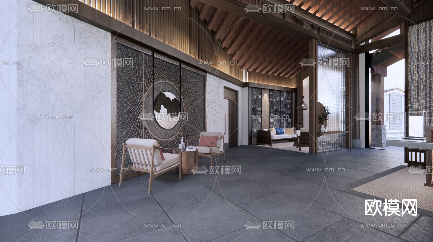新中式酒店大堂su模型