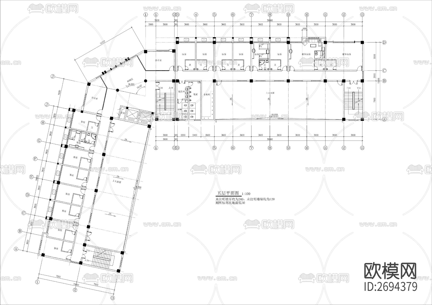 L型公司综合办公楼建筑cad施工图下载（渲染图5）