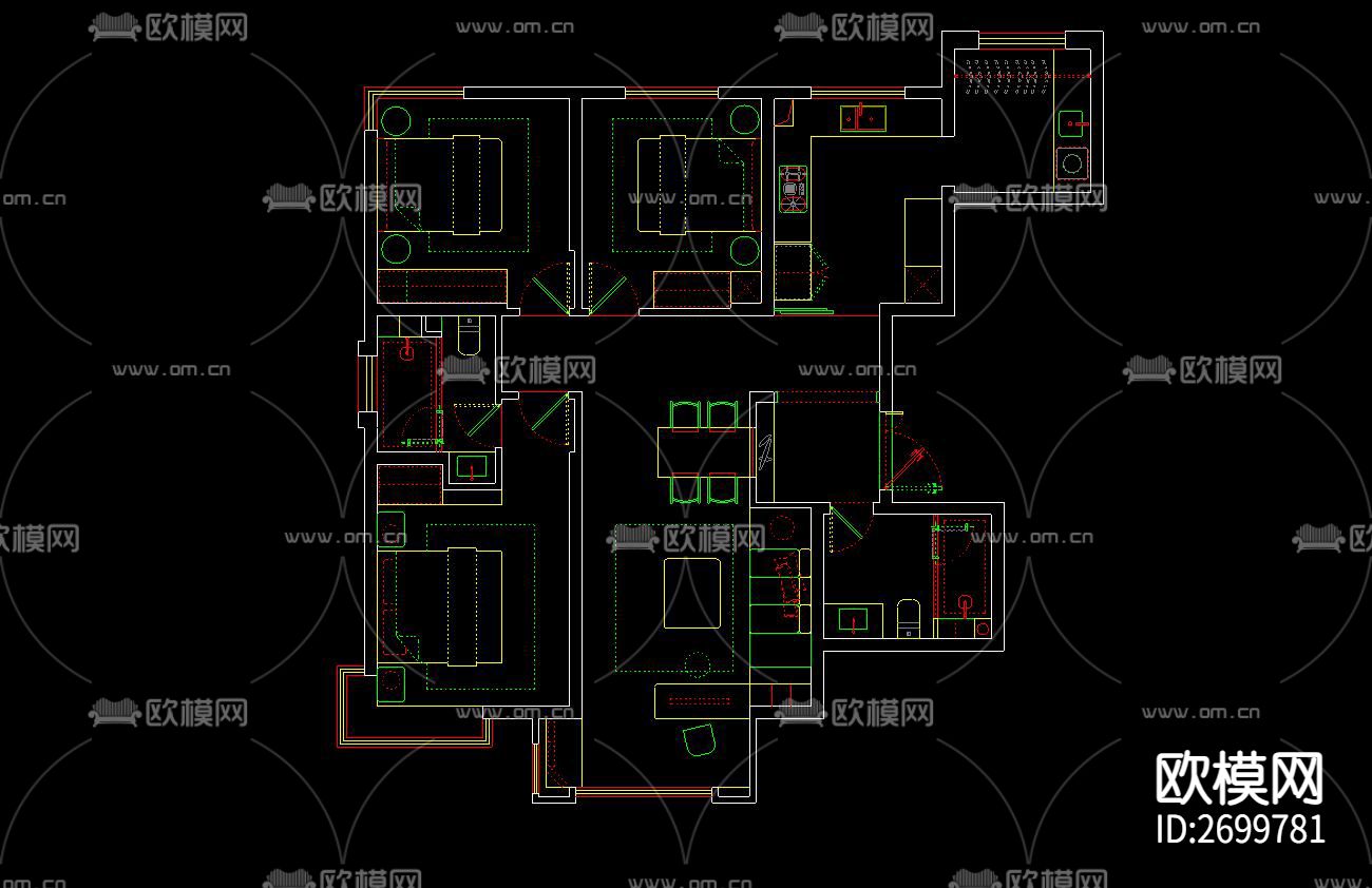 108平方家装cad平面图下载（渲染图2）