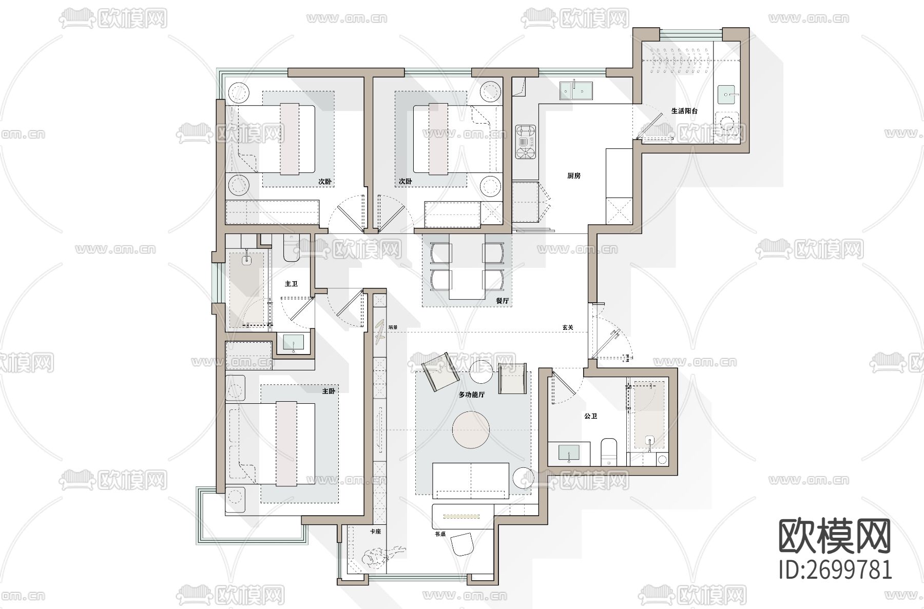 108平方家装cad平面图下载（渲染图4）
