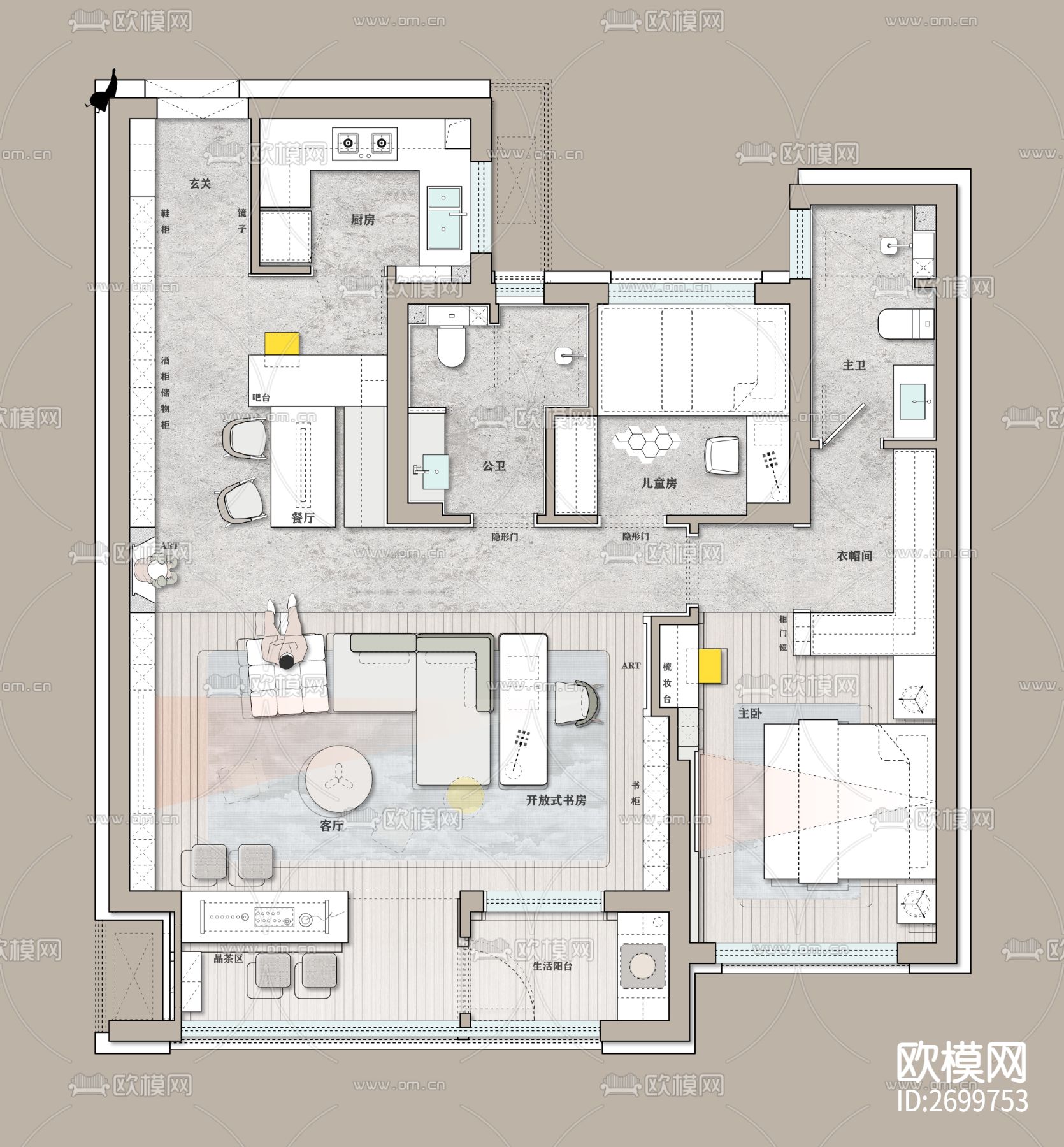 97平方家装cad平面图下载（渲染图1）