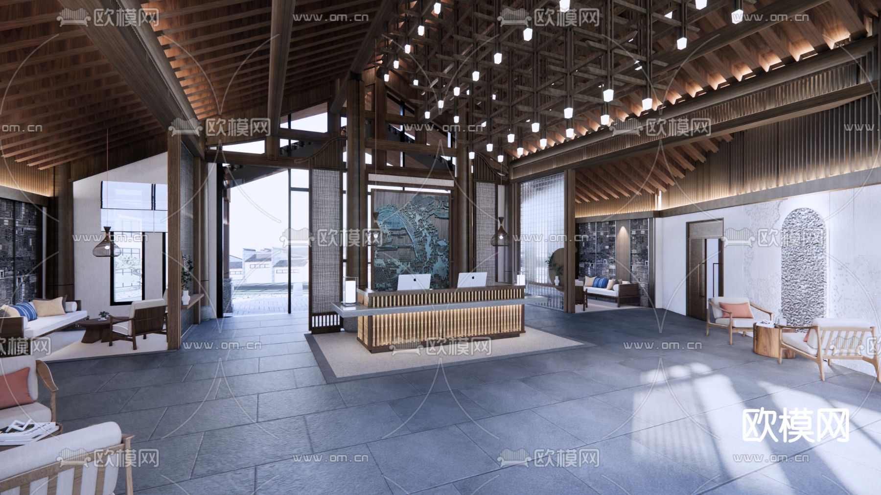 新中式酒店大堂su模型