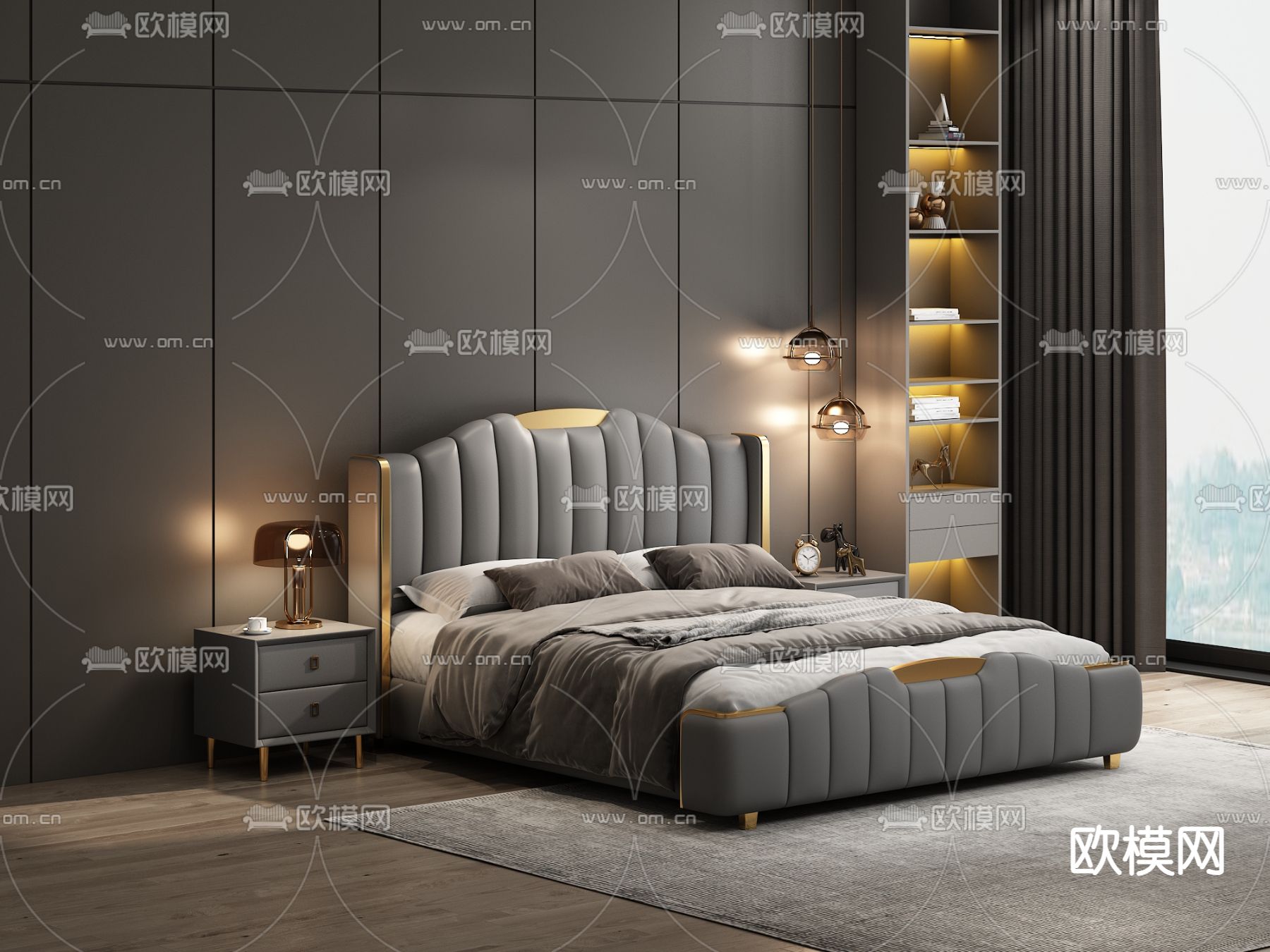 高级灰双人床 卧室床3d模型下载（渲染图2）