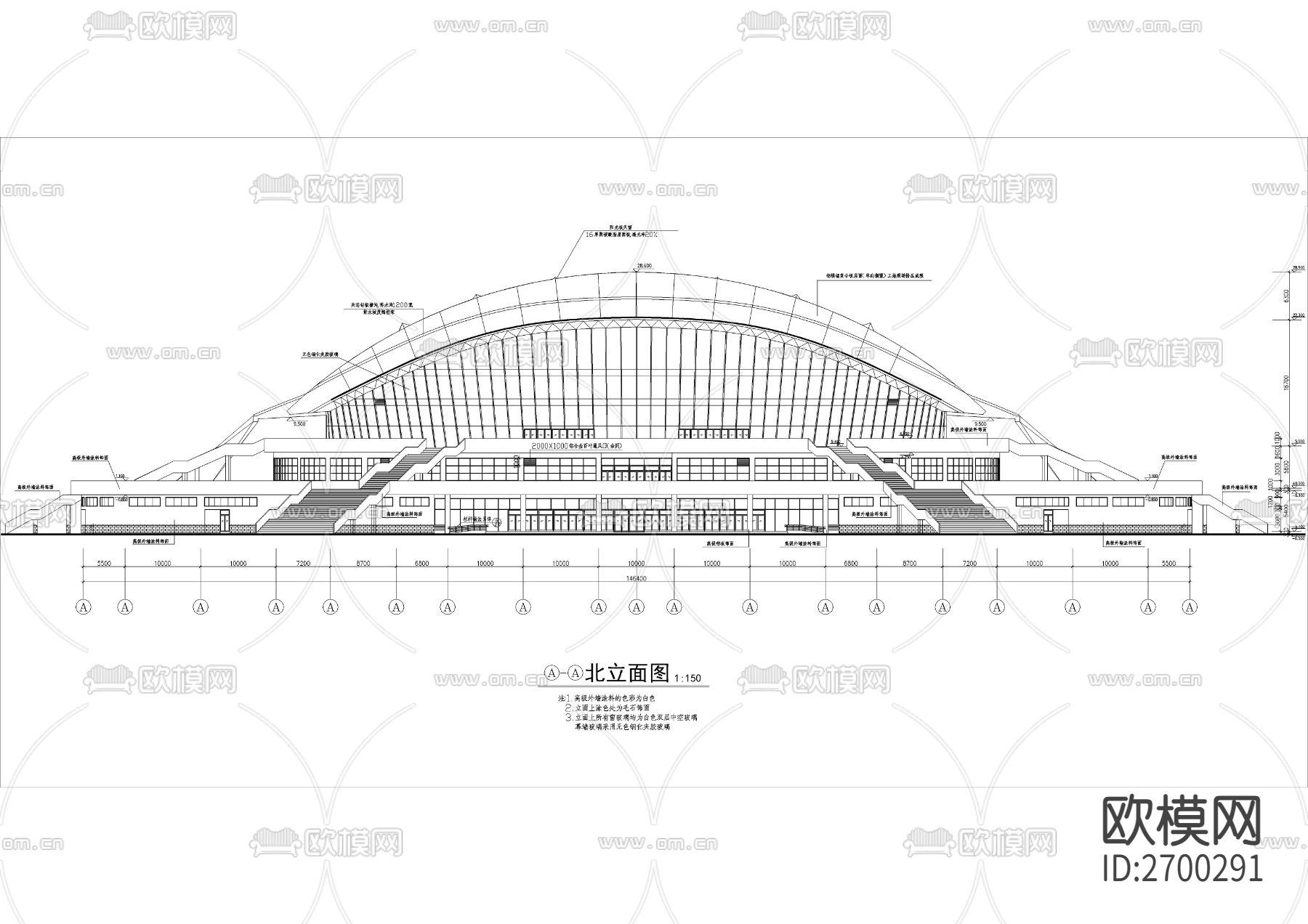 四层大型体育馆建筑cad施工图下载（渲染图4）